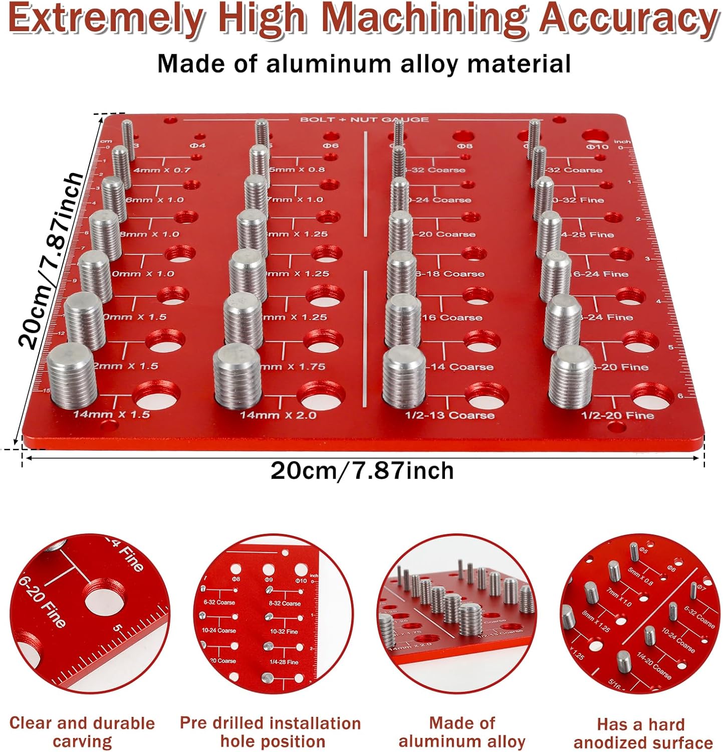 US Nut and Bolt Thread Checker 44 Thread Sizes Checker Aluminum Alloy Thread Identifier Gauge Imperial and Metric Size Precise Nut and Bolt Thread Identifier Measuring Tool for Nut Bolt(Gules)