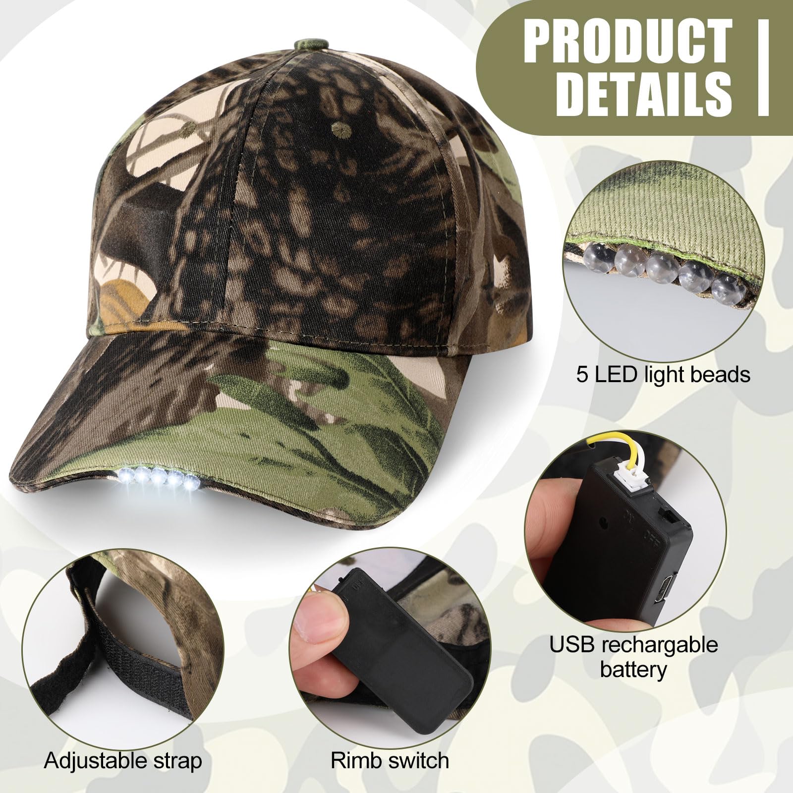 Coume Hutlicht LED Ultralang Batterie Ausdauer LED Kappe Eingebaute Lichtkappe USB Wiederaufladbare Volle Baumwolle Einstellbar Licht Hut für Angeln Joggen Camping (Camouflage)