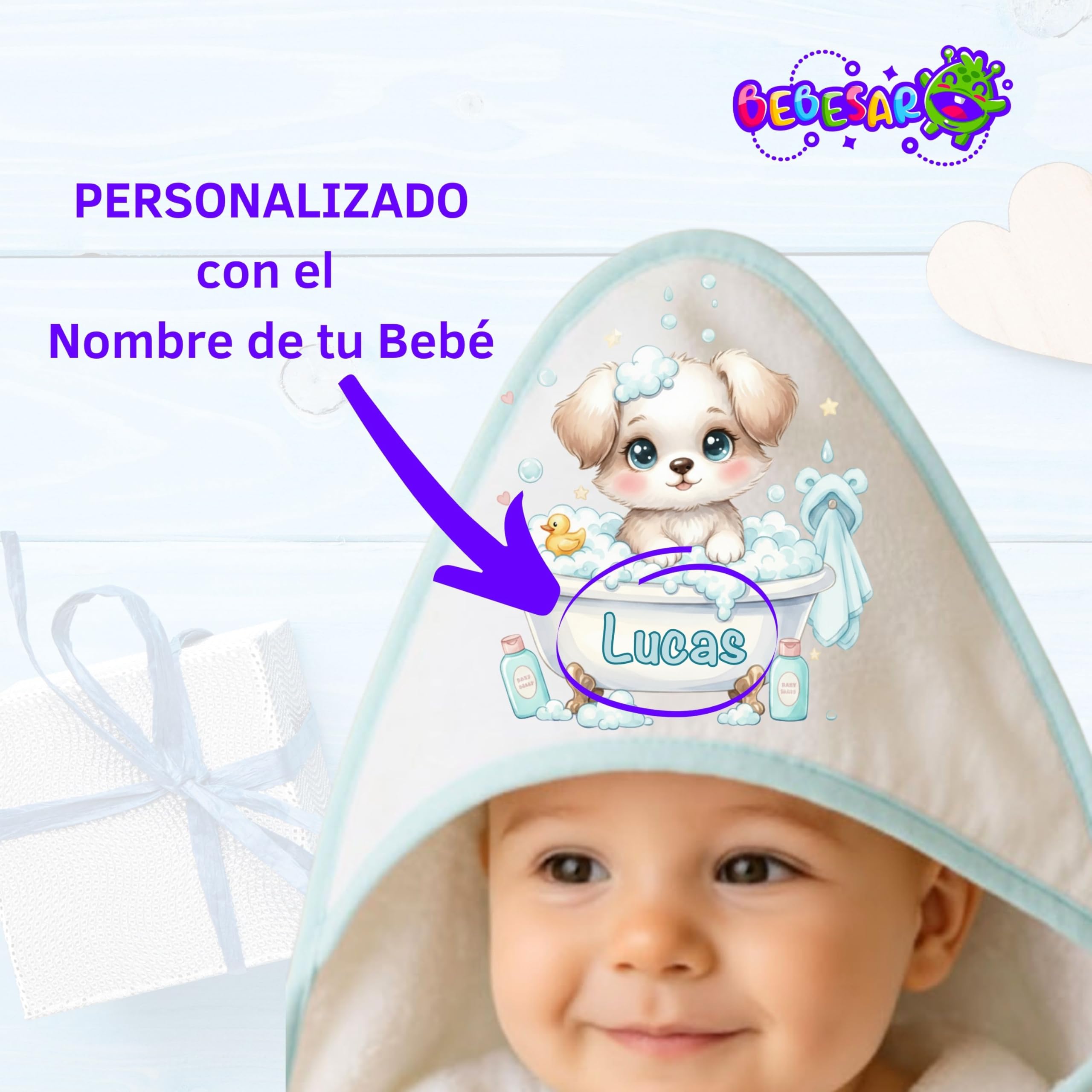 Capa de baño Bebe Personalizada 100x100cm - Algodón Toalla Bebe Recien Nacido Personalizada con Nombre – Regalos Bebes Recien Nacidos Originales – Hecho en España (Perro Rosa)