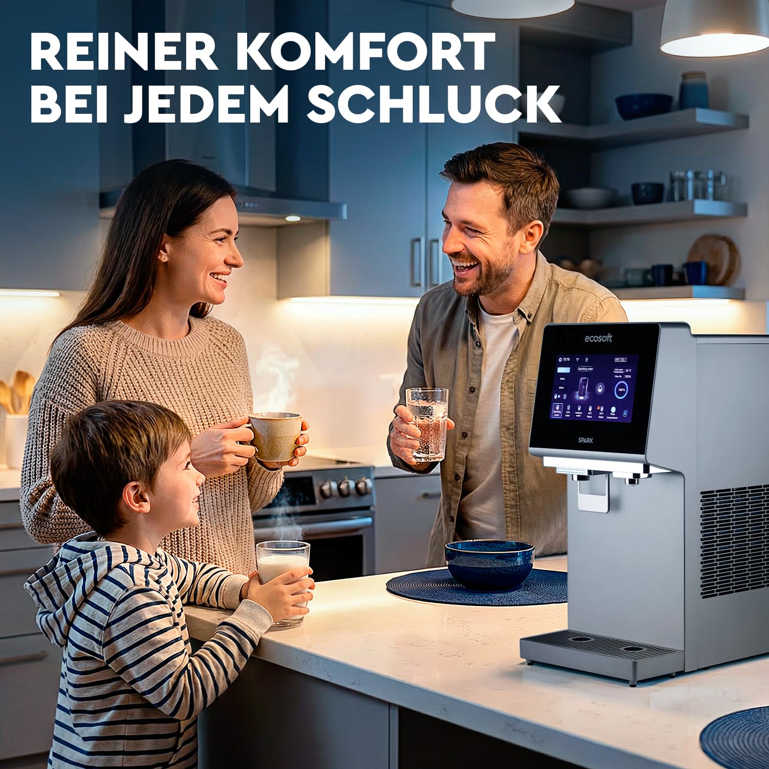Ecosoft Spark Umkehrosmose Wasserspender 4-Stufige Filtrierung UV-Reinigung Touchscreen WLAN-App-Steuerung Sprudel Kalt Heißwasser
