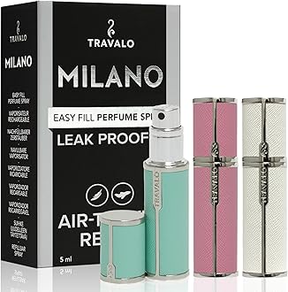 Travalo Milano Perfume Atomizer Bundle - Leak-Proof and TSA Approved for Air Travel - Reusable, Easy Fill Mini Pump Sprayer - Vegan Leather w/Polished Metal - White, Aqua, Perfect Pink - 3 Pack