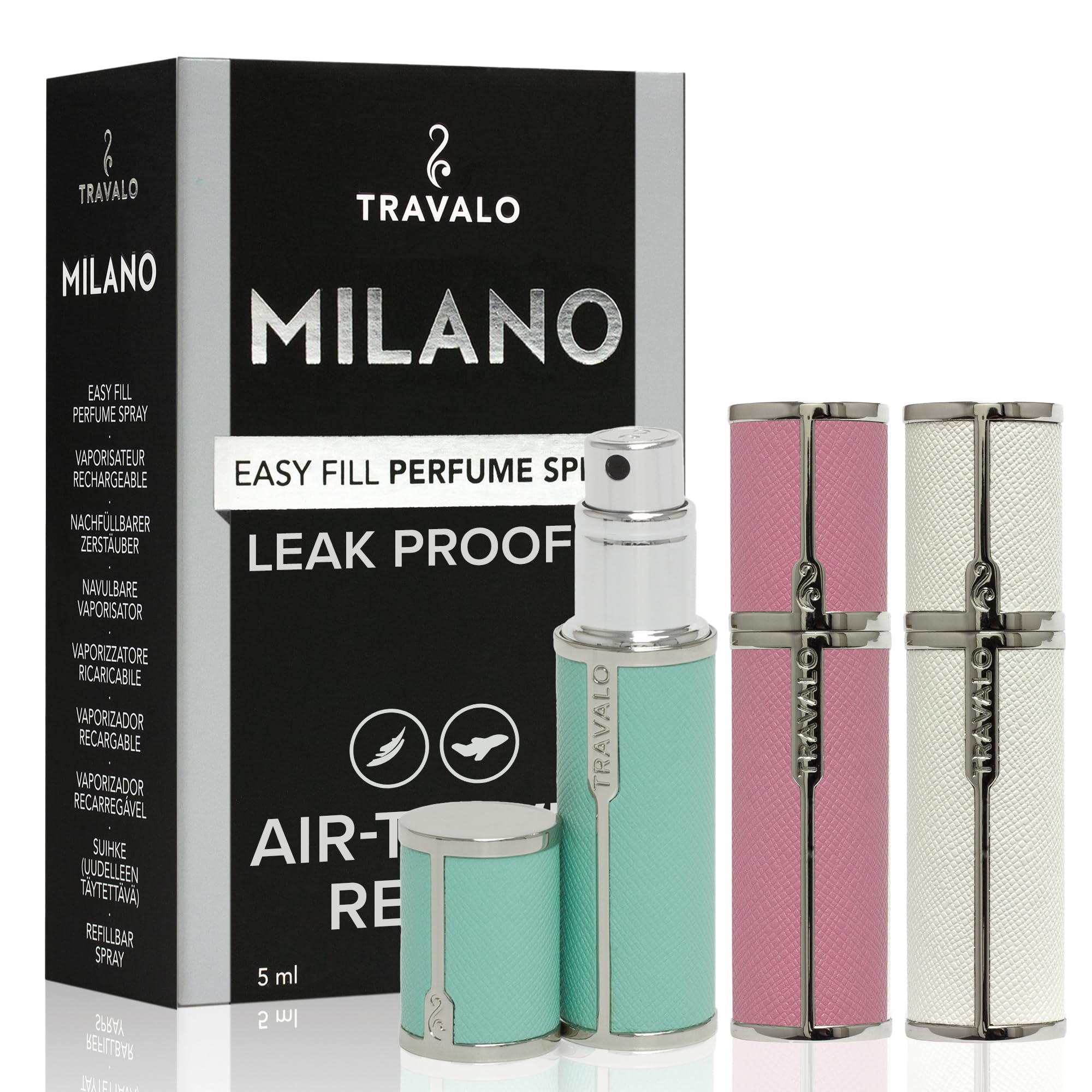 TravaloMilano Perfume Atomizer Bundle - Leak-Proof and TSA Approved for Air Travel - Reusable, Easy Fill Mini Pump Sprayer - Vegan Leather w/Polished Metal - White, Aqua, Perfect Pink - 3 Pack