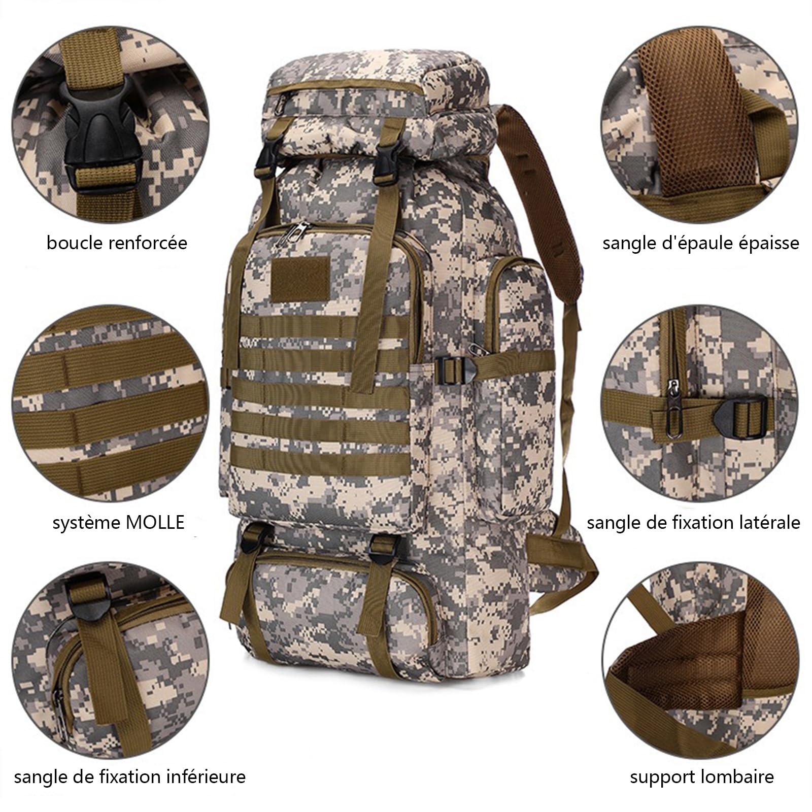 Sac à dos de randonnée 80l hommes et femmes militaire tactique sac à dos imperméable molle sac de jour Camping randonnée en plein air survie sac à dos (Noir)