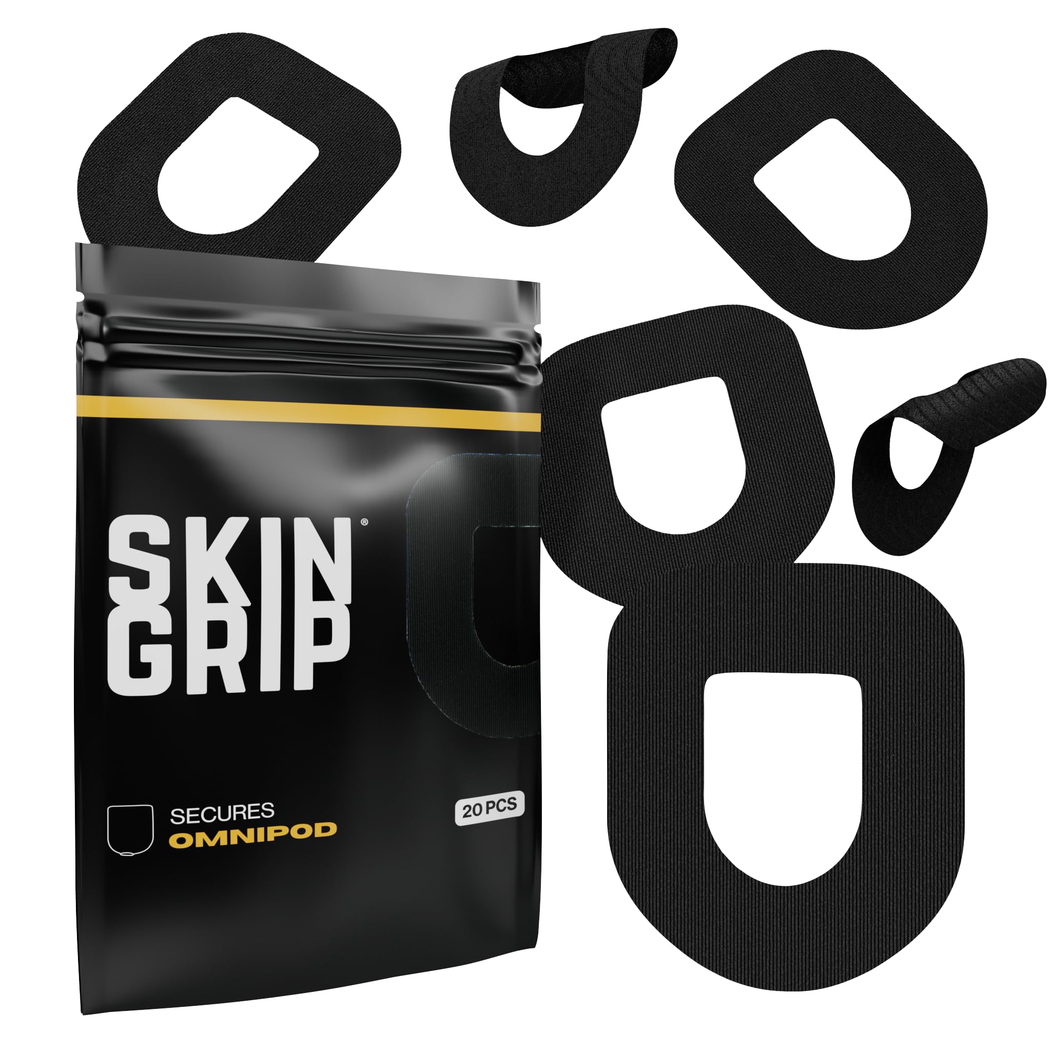 Skin Grip Insulet Omnipod 5 Adhesive Patches Waterproof & Sweatproof (Also Fits Omni pod Dash), Pre-Cut Medical Tape, Ultimate Insulin Pump Protection, Diabetic Sensor Covers, 20-Pack, Black