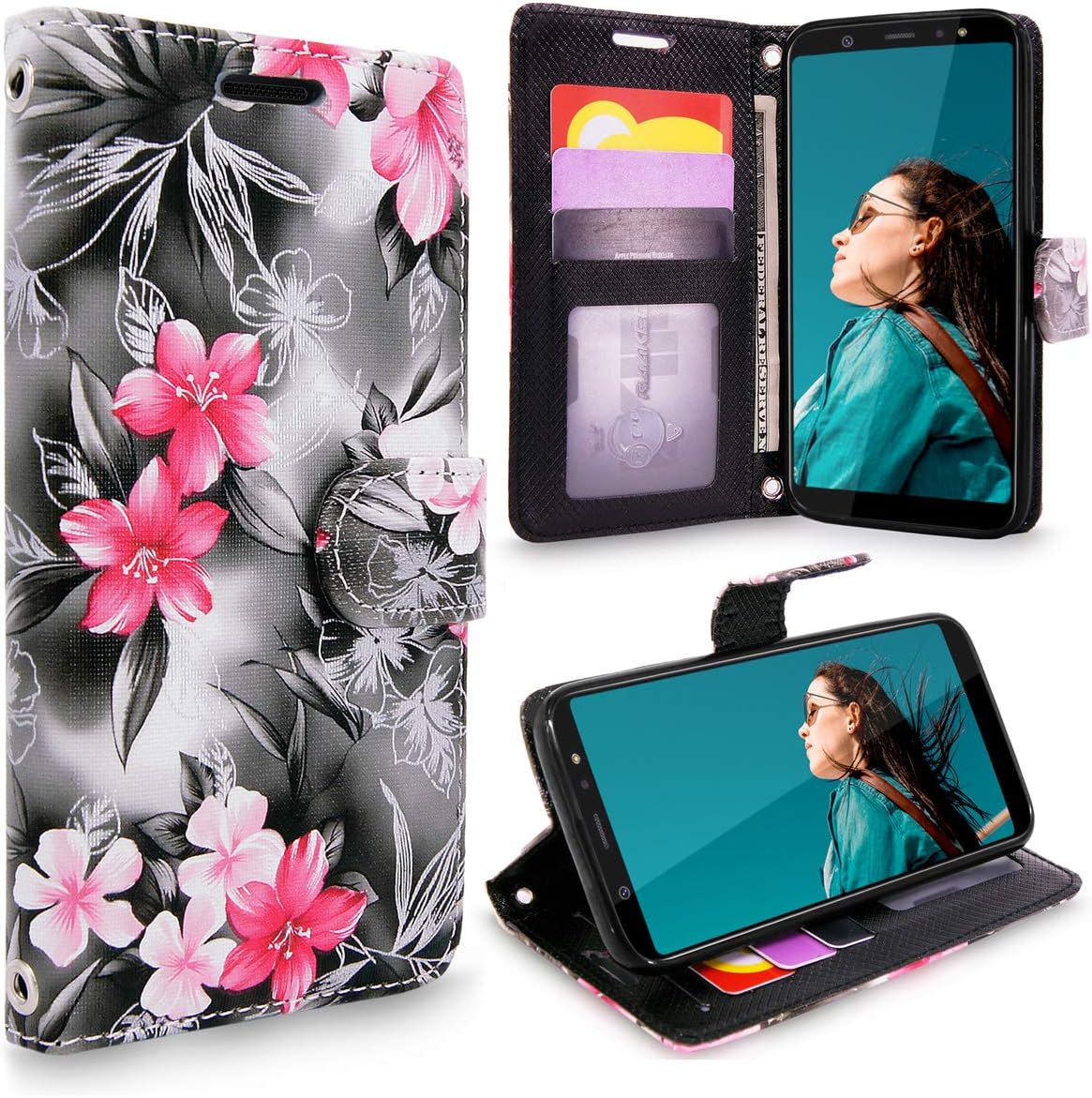 Cellularvilla Galaxy A6 2018 Case, [Folio Style] Wallet Case [Stand Feature] [Wristlet] Protective Premium Leather Flip Cover Card Slot Magnetic Closure for Samsung Galaxy A6 2018 (Black Pink Folwer)