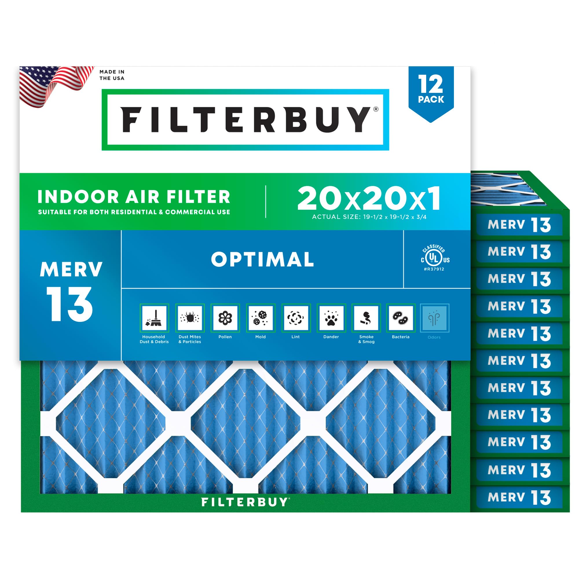 Filterbuy 20x20x1 Air Filter MERV 13 Optimal Defense (12-Pack), Pleated HVAC AC Furnace Air Filters Replacement (Actual Size: 19.50 x 19.50 x 0.75 Inches)