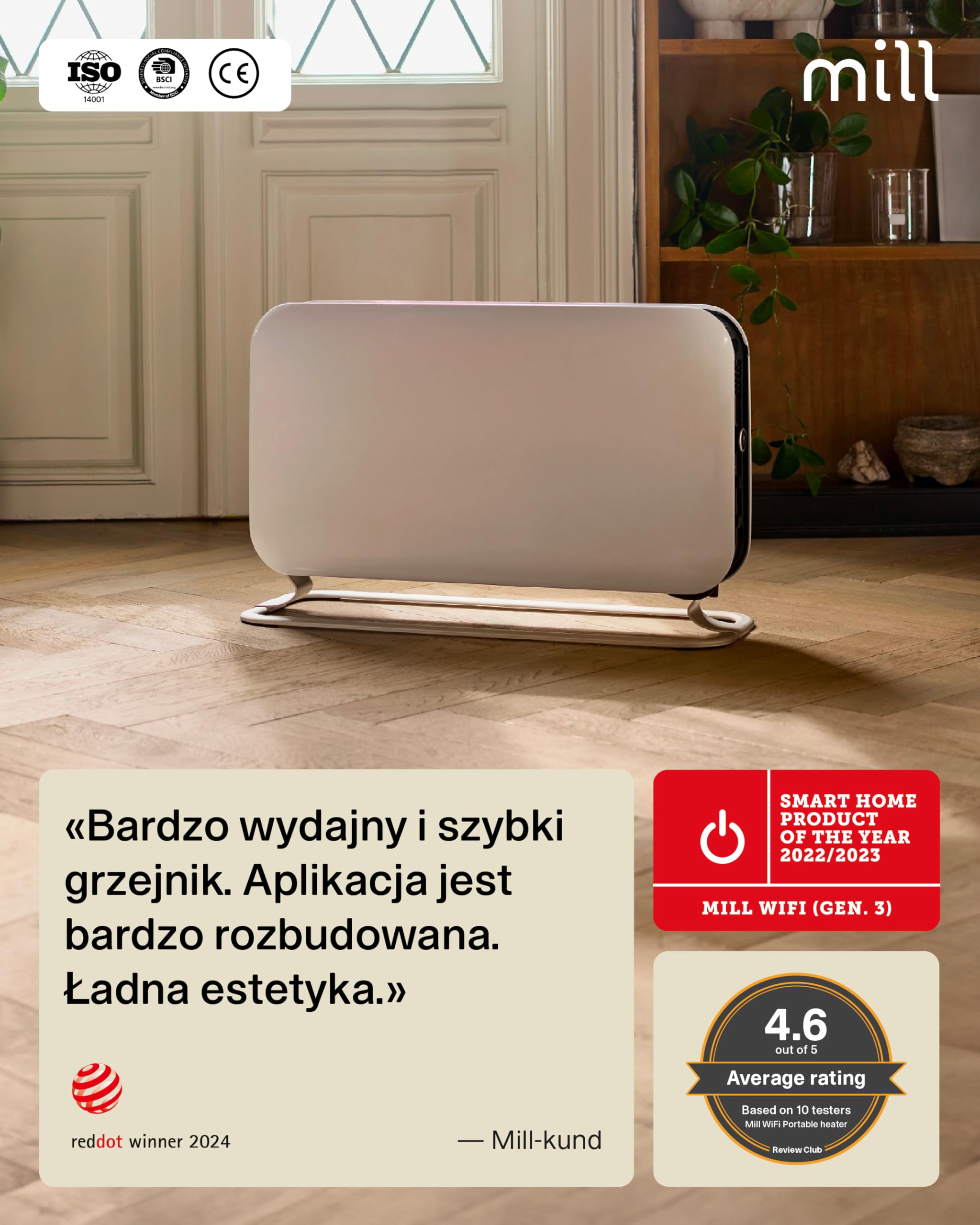 Młyn Przenośny konwektor konwektor Mill WiFi Convection CO1200WIFI, 1200W, ogrzewa środowiska do 25mkw, w komplecie z WIFI 3 sty (Biały, 18-22 m²)