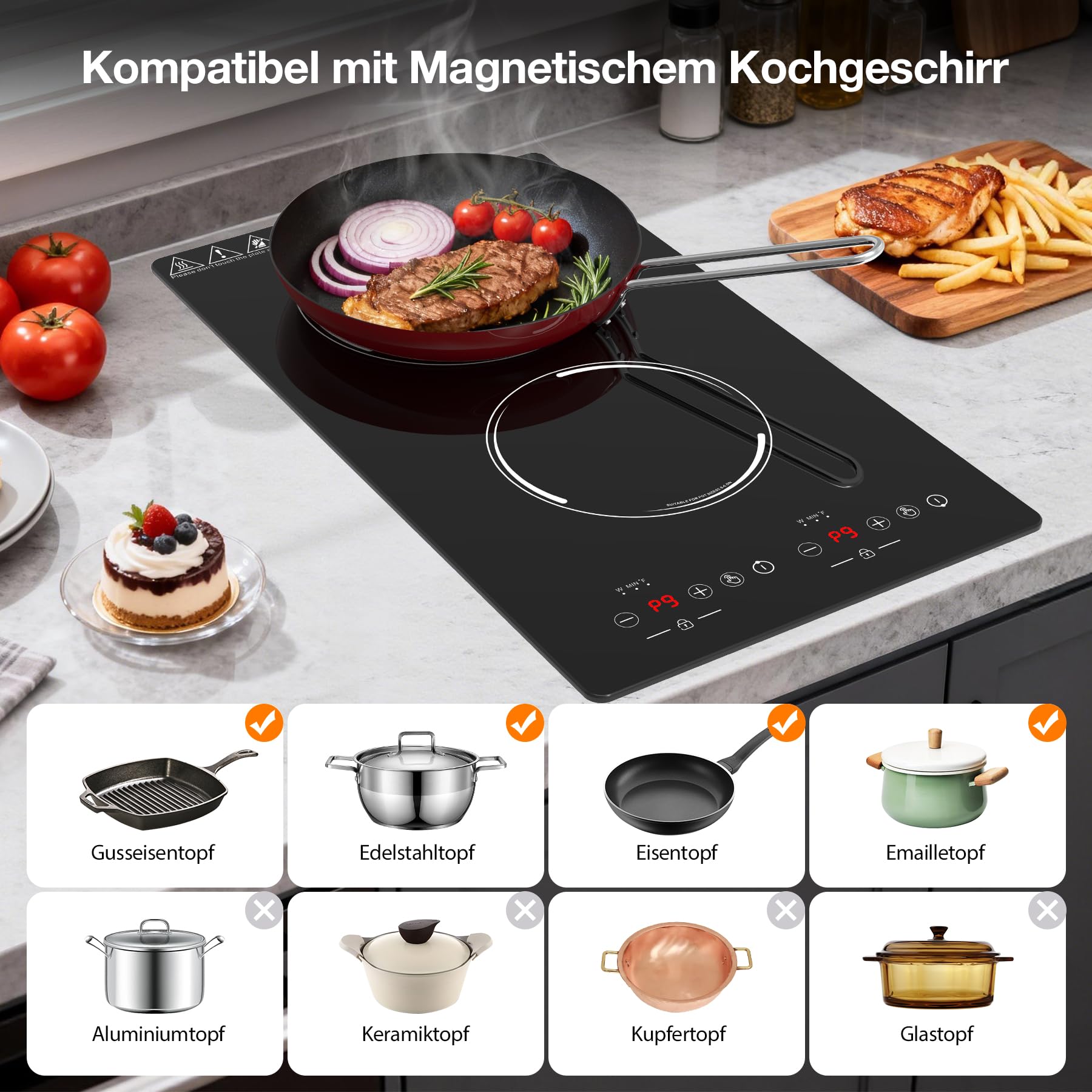 Induktionskochfeld 2 Platten 3000W, Domino Einbau und Freistehende Kochplatte, Elektrisch Doppelkochplatte mit Timer und 9 Stufen für Wohnmobil, Studio und kleine Küche