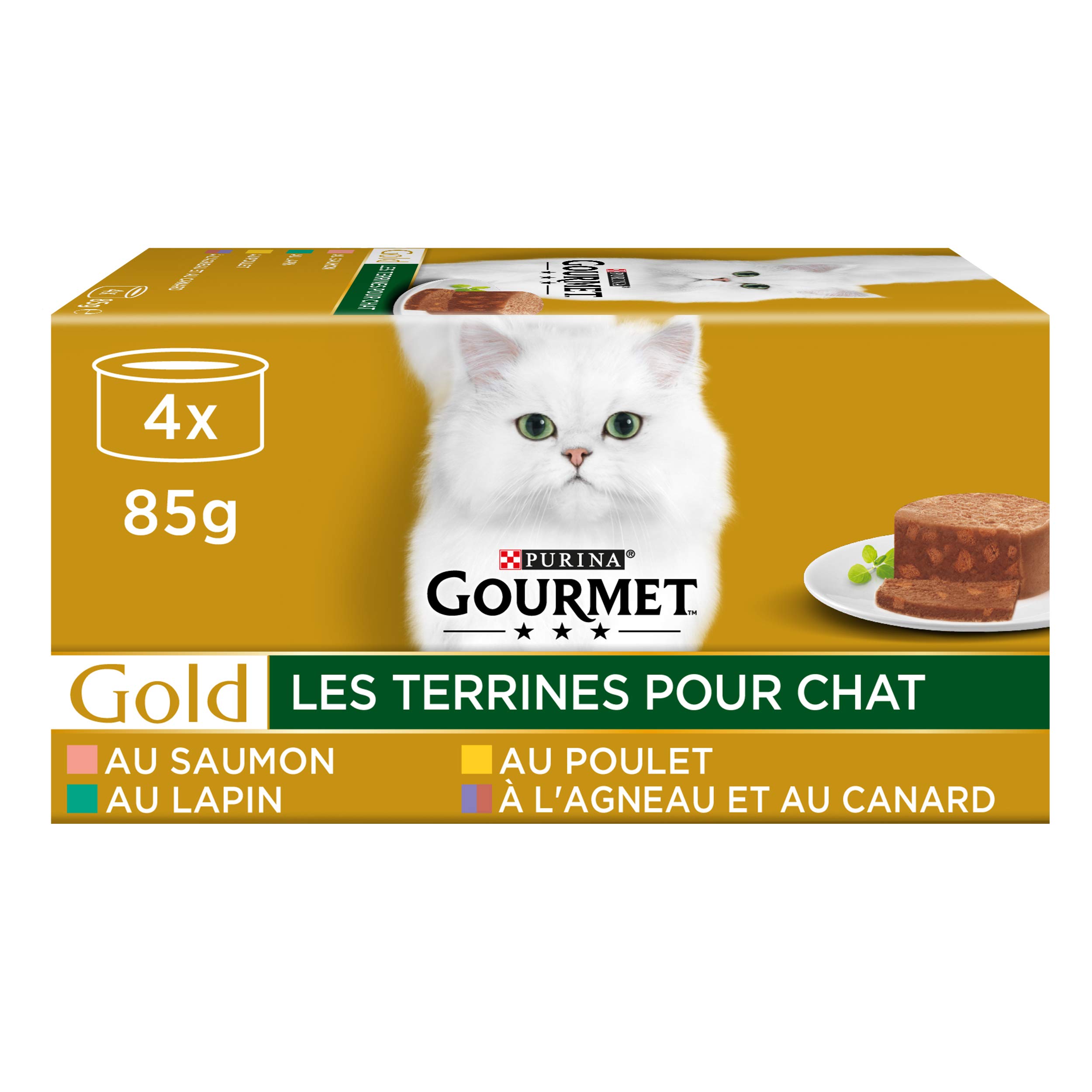 GOURMET - Les Terrines: coniglio, pollo, agnello-anatra, salmone - 4 x 85 g - Confezione da 24