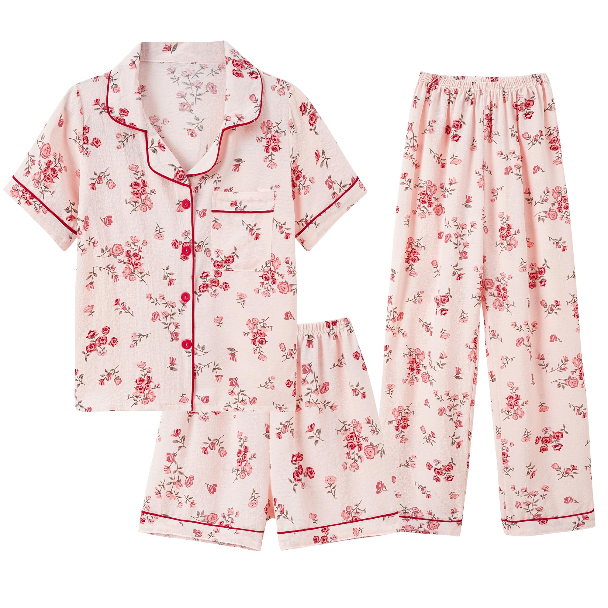 Hupohoi Big Girls Button Down Pajama Set 3pcs Crepe Fabric Sleepwear Nighty