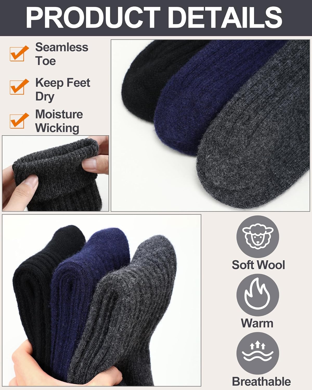 Shihanee 3 Pairs Wool Crew Socks for Men Moisture-wicking Warm Wool Socks for Winter Outdoor Sports Work Daily Wear - Image 3