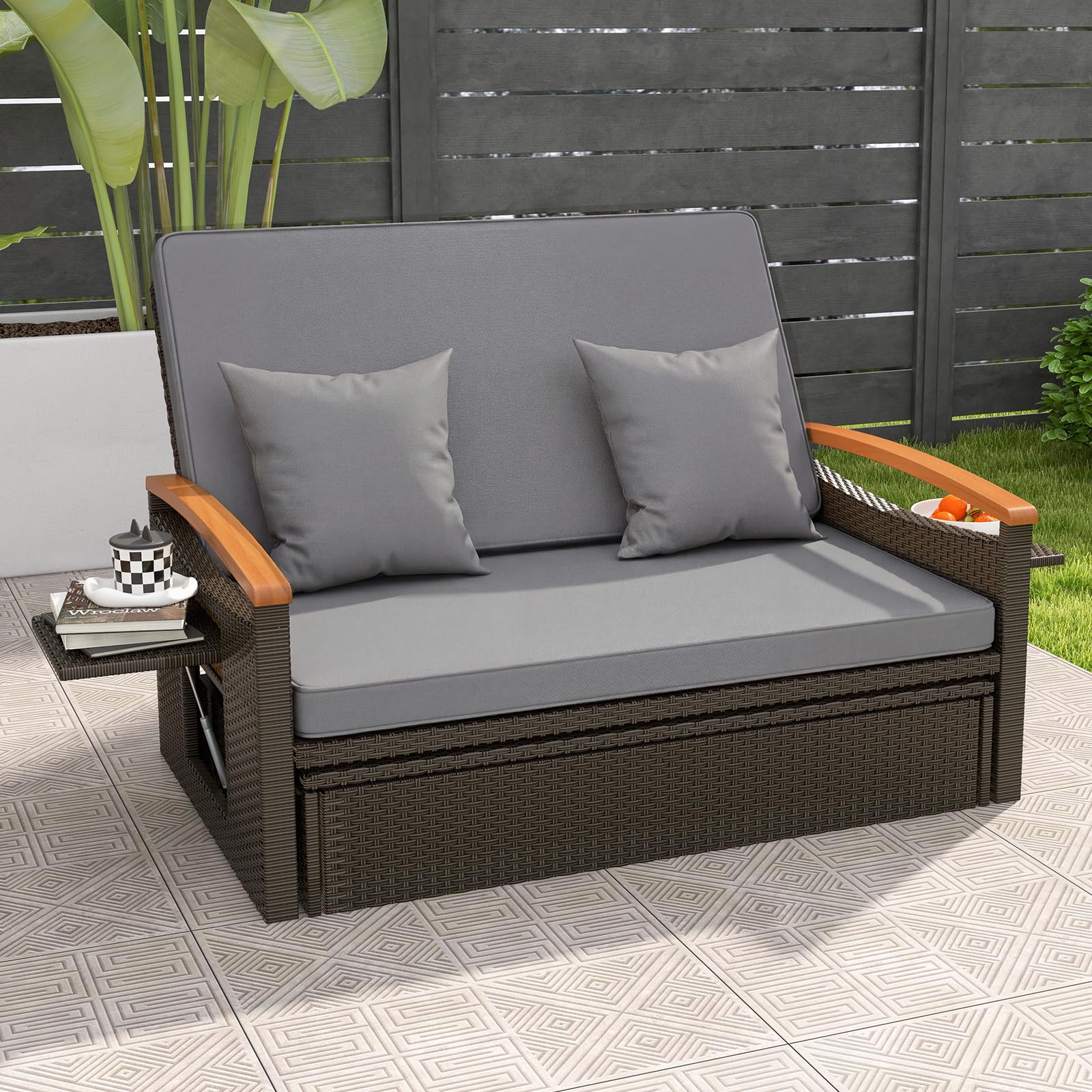 GIANTEX Lounge Möbel Outdoor, Gartensofa mit Liegefunktion, Outdoor Sofa | 3-in-1 Design, Stauraum, weichen kissen, Doppelliege Outdoor 2 Personen, Rattan Gartenliege, Gartenlounge, für Garten Balkon