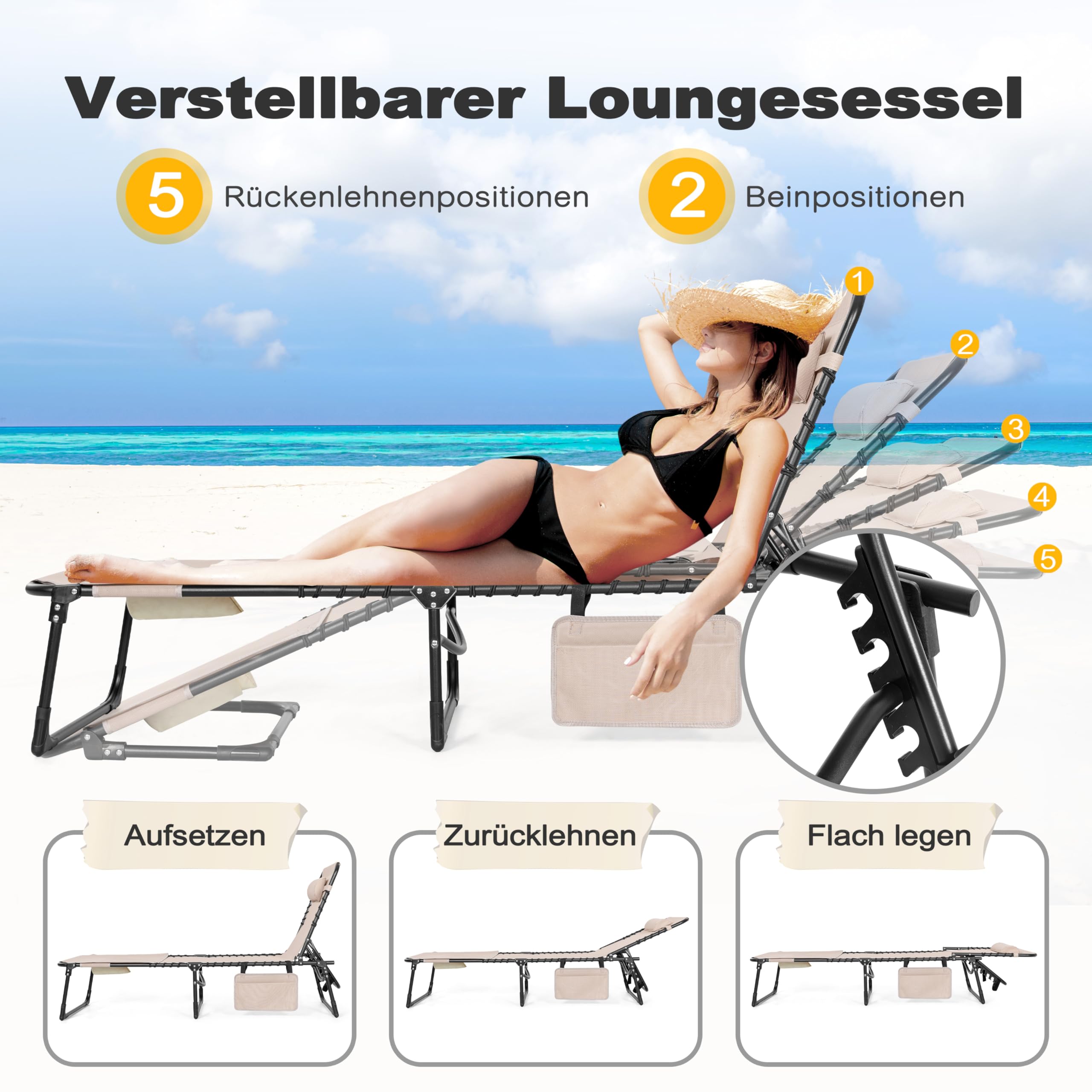 Avestar Sonnenliege Klappbar, Tragbare Gartenliege, 5-Fach Verstellbarer Liegestuhl inkl. Seitentasche, Kopfkissen und Gesichtsausschnitt, für Garten, Balkon, Terrasse, Strand und Camping, Taupe