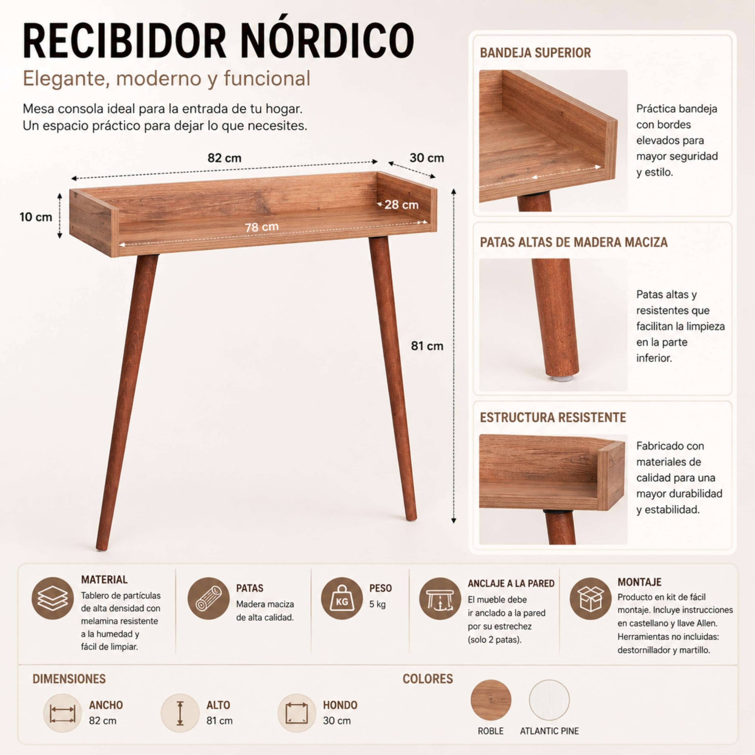 Recibidor Consola, Mueble de Entrada 82 x 32 x 81 cm. Aria (Atlantic Pine)