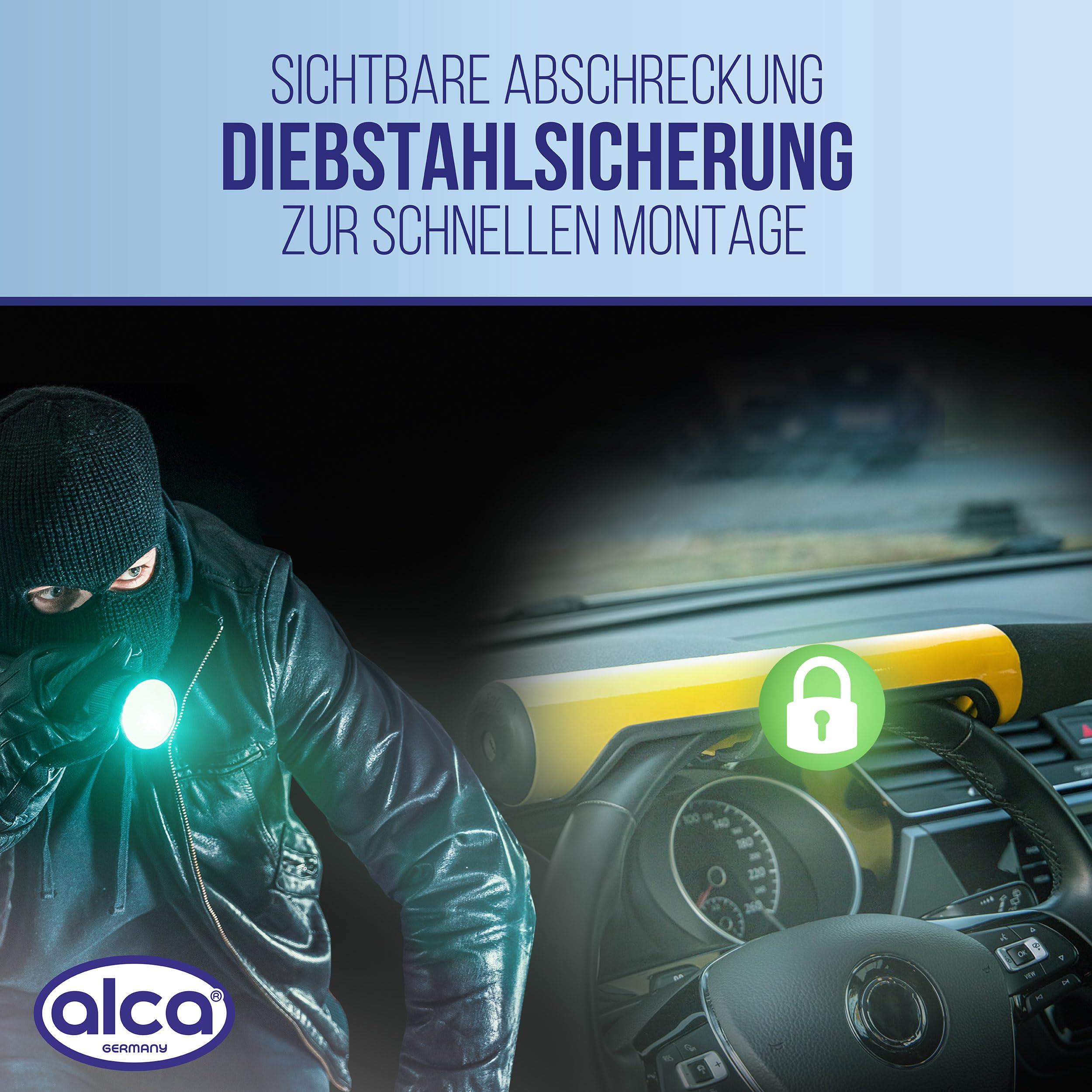 alca® Lenkradsperre Lenkradschloss Wegfahrsperre Lenkradkralle Diebstahlsicherung Lenkradschloss 3 Schlüssel für alle Lenkradstärken Gesamtlänge: 615 mm