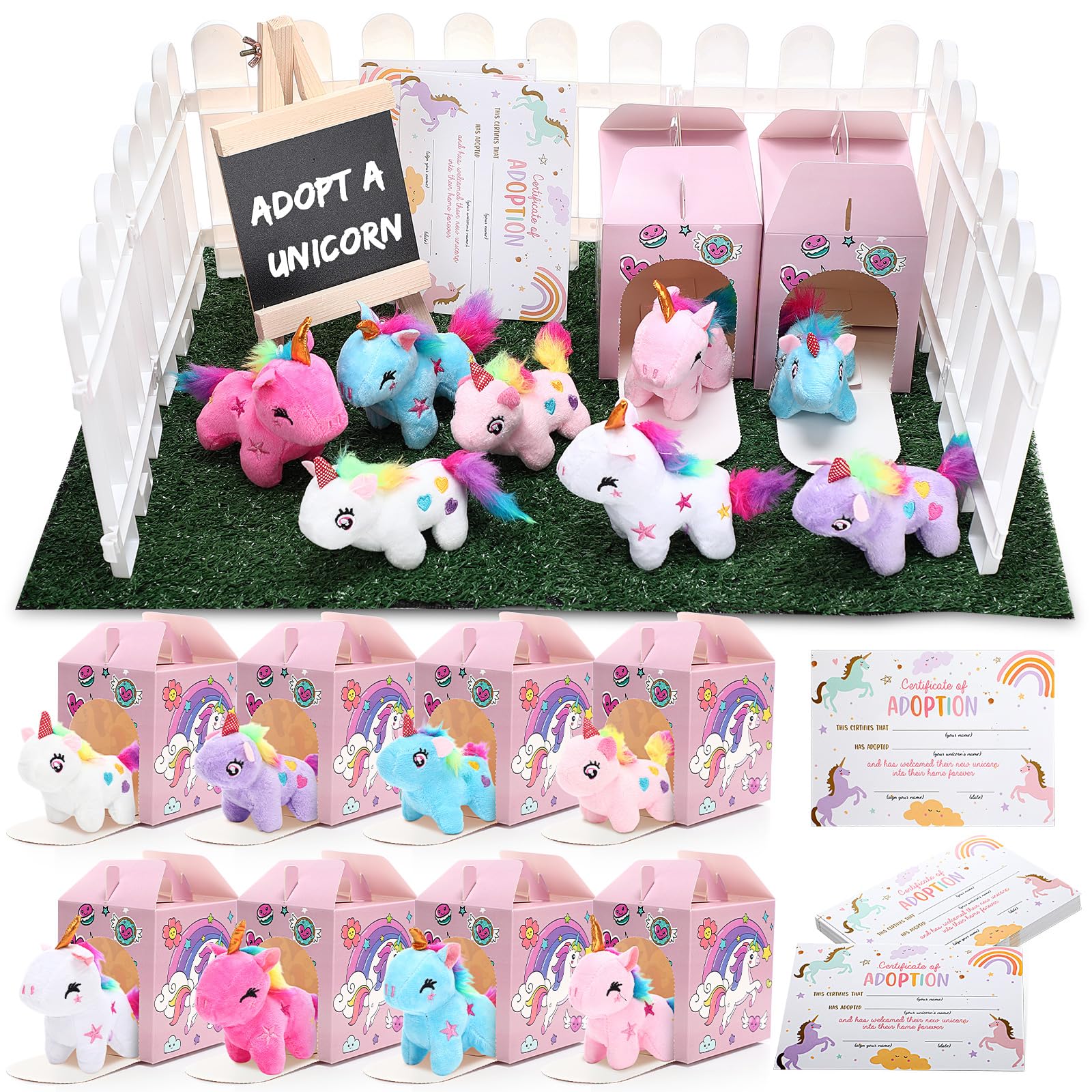 Blueweenly 84 Pcs Adopt a Pet Party Favors 24 Mini Stuffed Animals 10 White Plastic Fence 24 Paper Gift Boxes 24 Adoption Cards with Mini Chalkboard and Artificial Lawn(Unicorn)