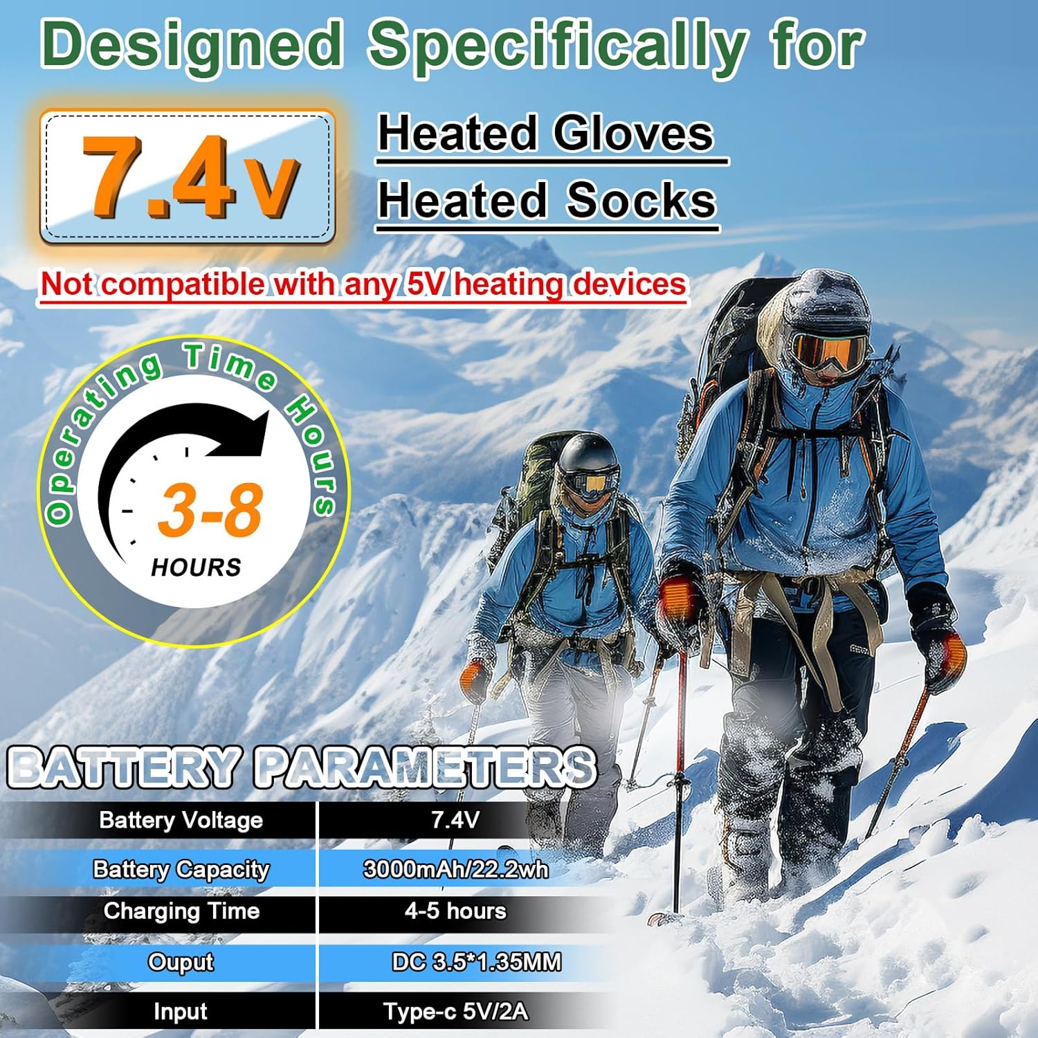 Amiable 7.4V 2A 3000mAh Li-Polymer Rechargeable Batteries for 3.5mm Female DC Jack, Heated Slippers Battery Pack,Batteries for Heated Gloves,Extend Battery for Heated Socks, Heated Insoles Hat - Image 2