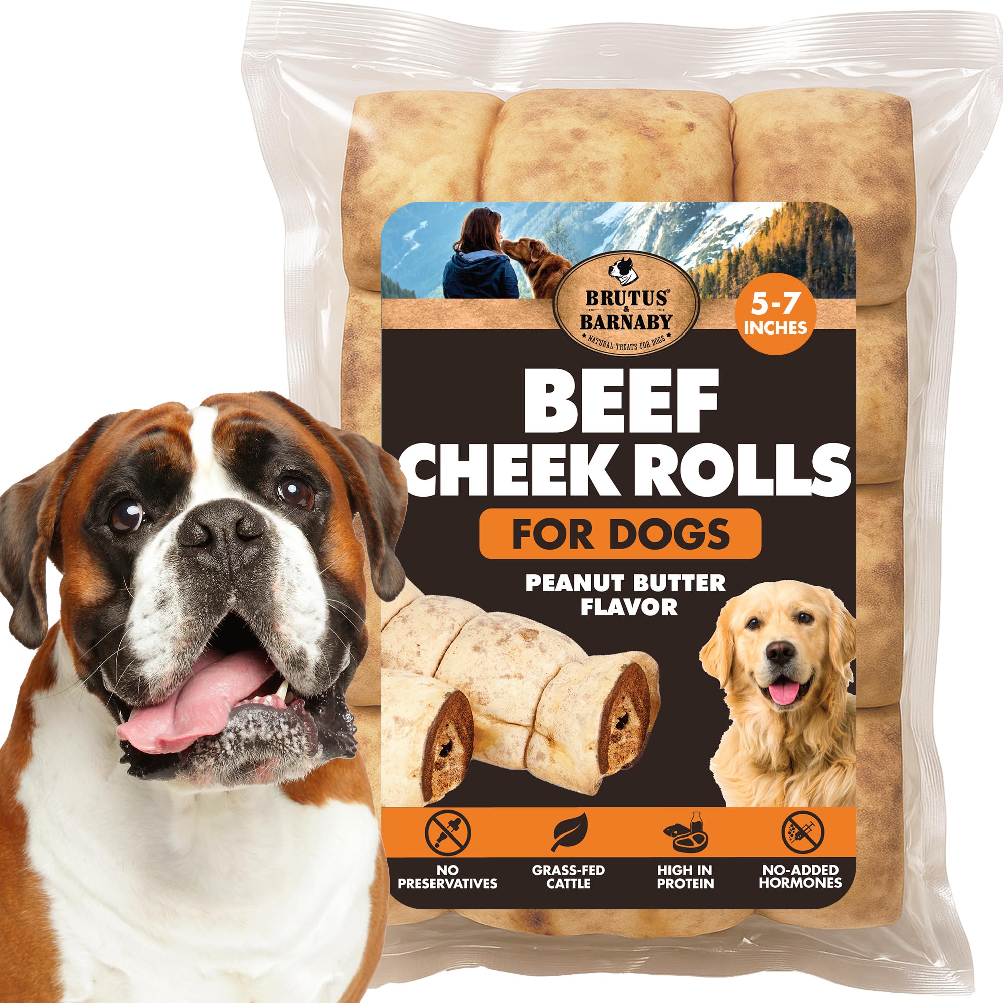 Premium Beef Cheek Rolls for Dogs 5-7" - (3-Pack), Peanut Butter Flavored Long Lasting, Safe & Natural Rawhide Alternative Chews, Ideal for Large Dogs