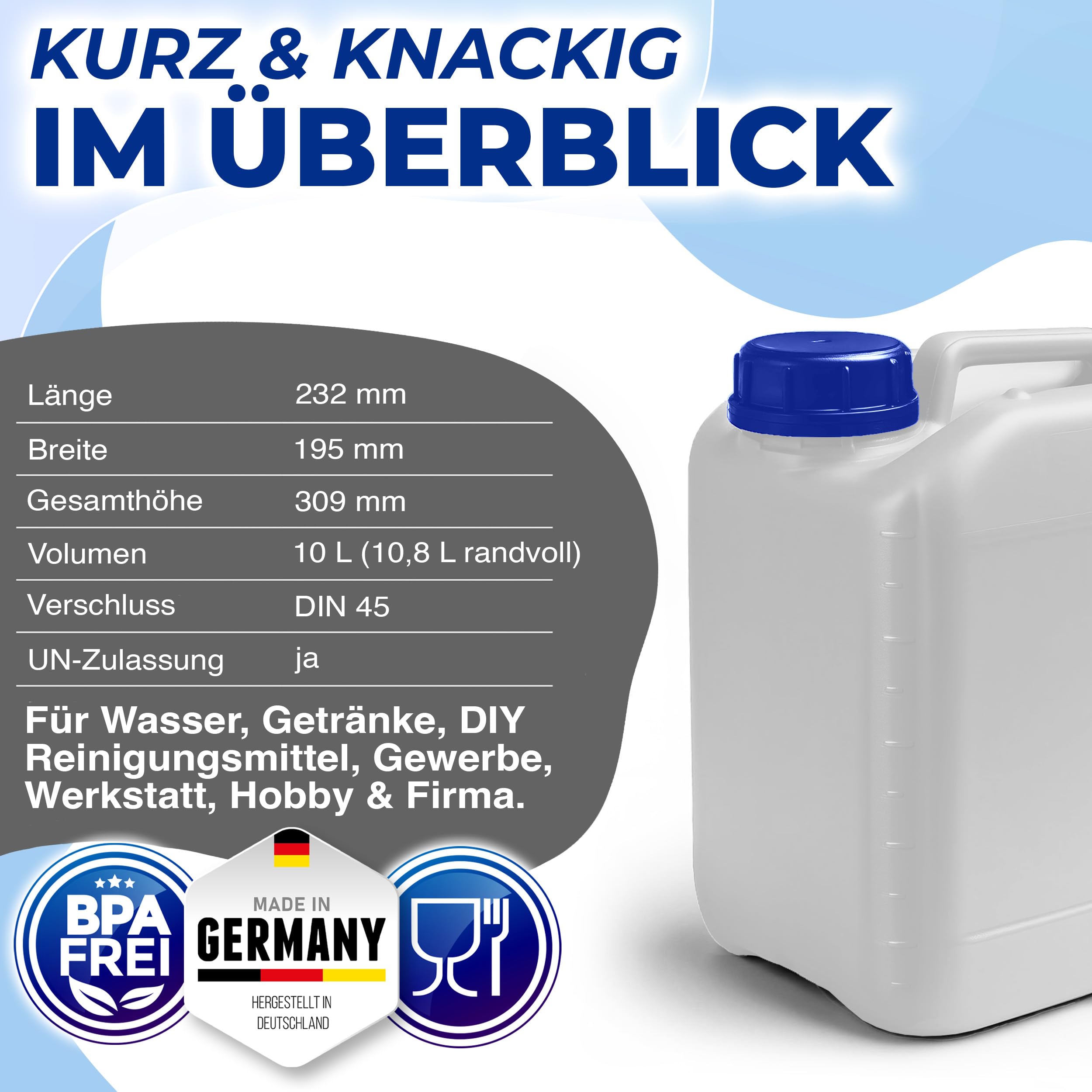 10L Wasserkanister, BPA frei lebensmittelecht, Kanister Made in Germany | Kosmetex Wasser Kanister 10 Liter für Camping, Garten, Gewerbe & Haushalt, Robust, Geschmacksneutral für Wasser & Getränke
