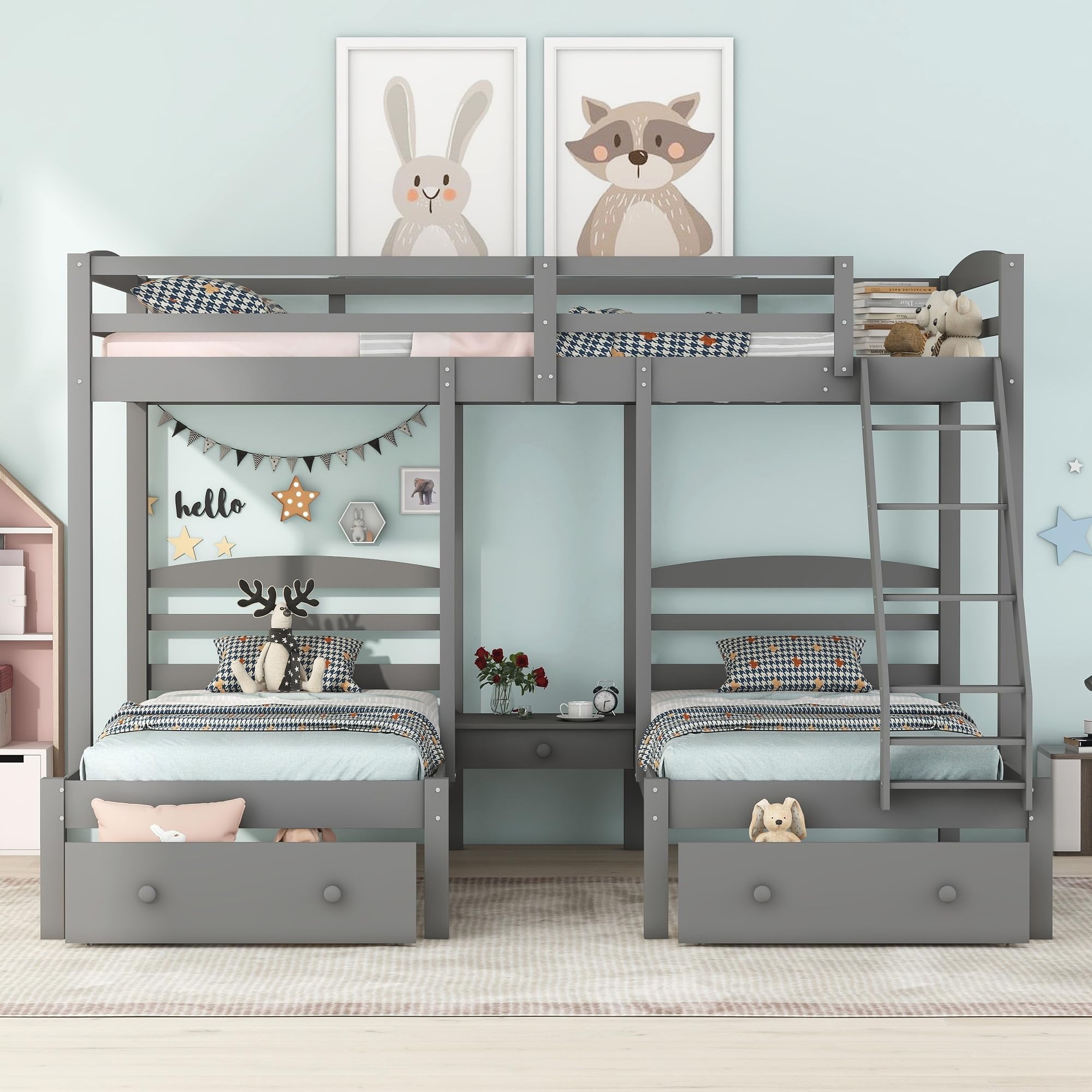 Harper & Bright Designs Triple Bunk Beds with Drawers and Guardrails,Full Over Twin & Twin Bunk Bed with Storage, Wooden Triple Bunk for Kids, Teens,Girls Boys (Gray with Drawers) Box 2/3 only