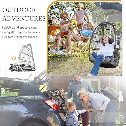 Miniatura 8 de BULEXYARD Silla columpio para exteriores sin soporte para dormitorio, silla de techo interior, silla colgante de árbol de mimbre con cojín y cadena