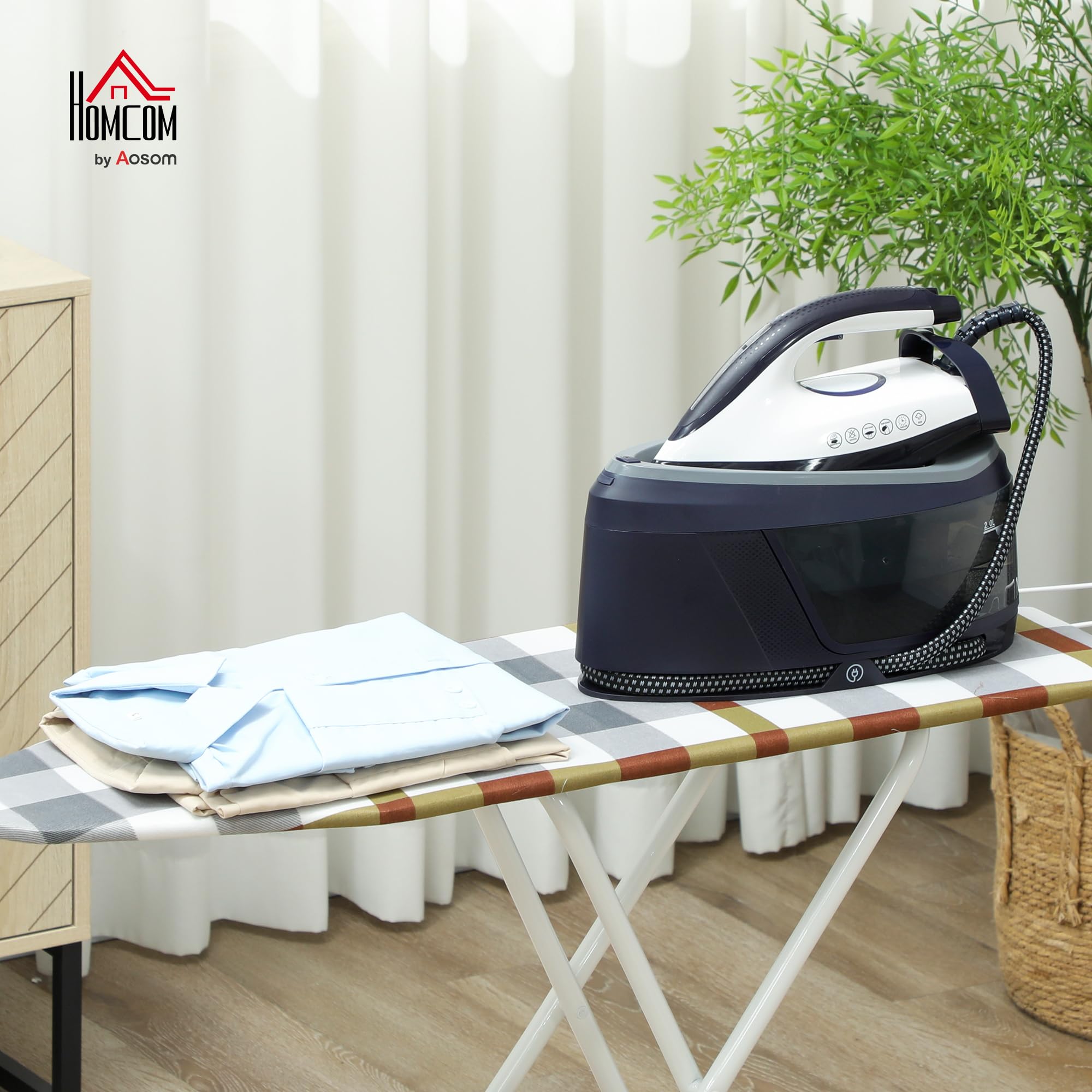 HOMCOM Centro de Planchado 2800W con 8 Bares y 100 g/min Potente Planchado Vertical Función ECO Suela de Cerámica Doble Capa Autolimpieza Sistema Antical Depósito Extraíble 2 L Apagado Automático Azul