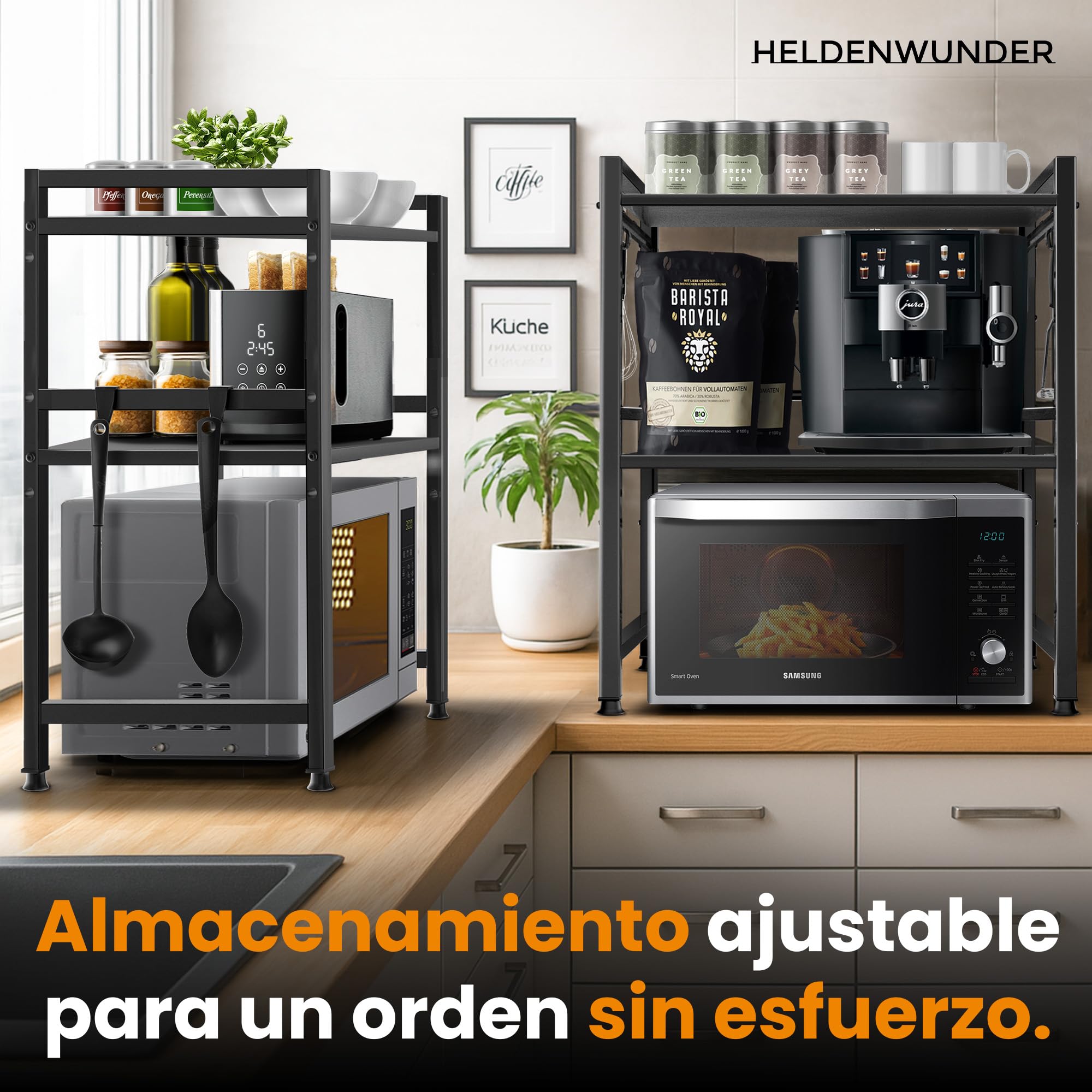 Heldenwunder Estantería Microondas Estantes Cocina Acero (2 Niveles) | Mueble Microondas Horno Estanterias Almacenaje Organizador Estante Panadería Ajustable + Instrucciones en Vídeo, Ganchos – Negro