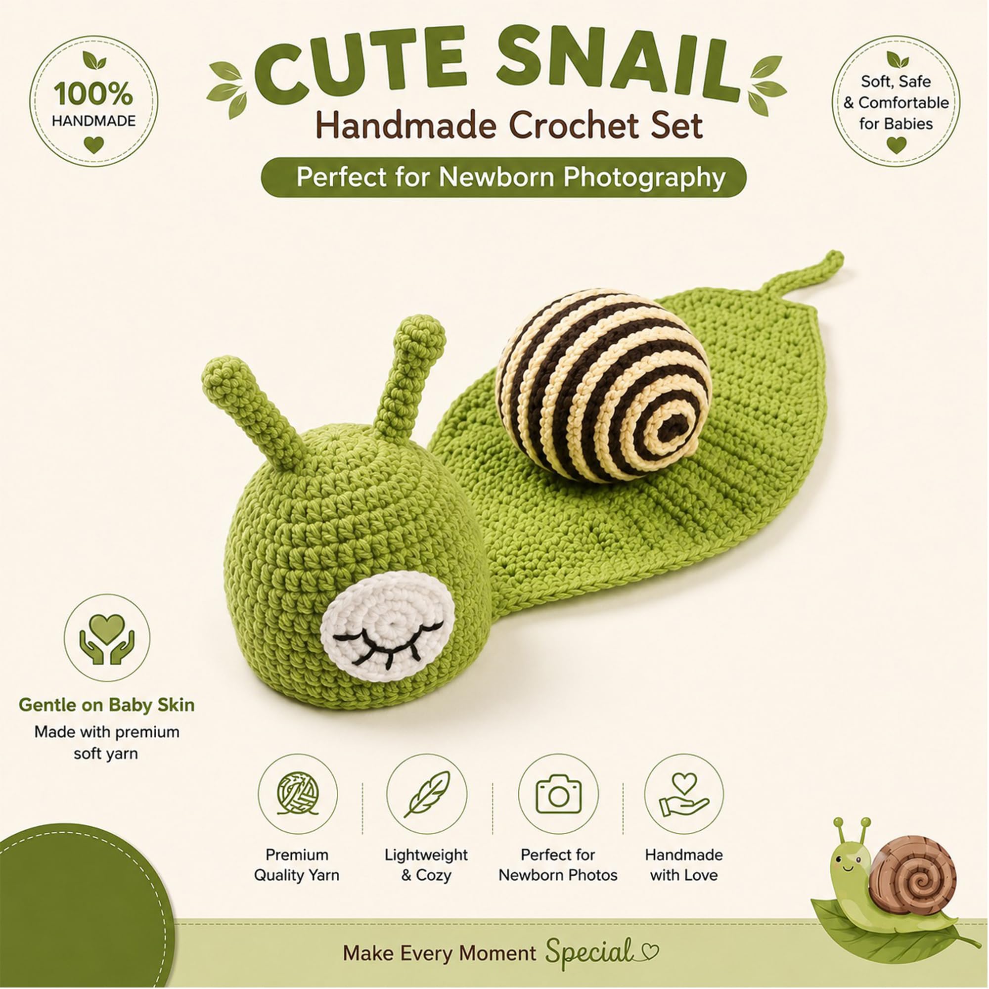 BabyMoon Snail Crochet New Born Photography Shoot Props Costume (Emerald Green) 2