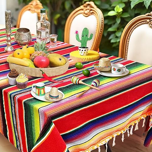 Miniatura 3 de OurWarm Mantel mexicano de serape de 84 x 59 pulgadas, mantas mexicanas mejoradas con ribete de pompones para fiestas mexicanas, bodas, fiestas de