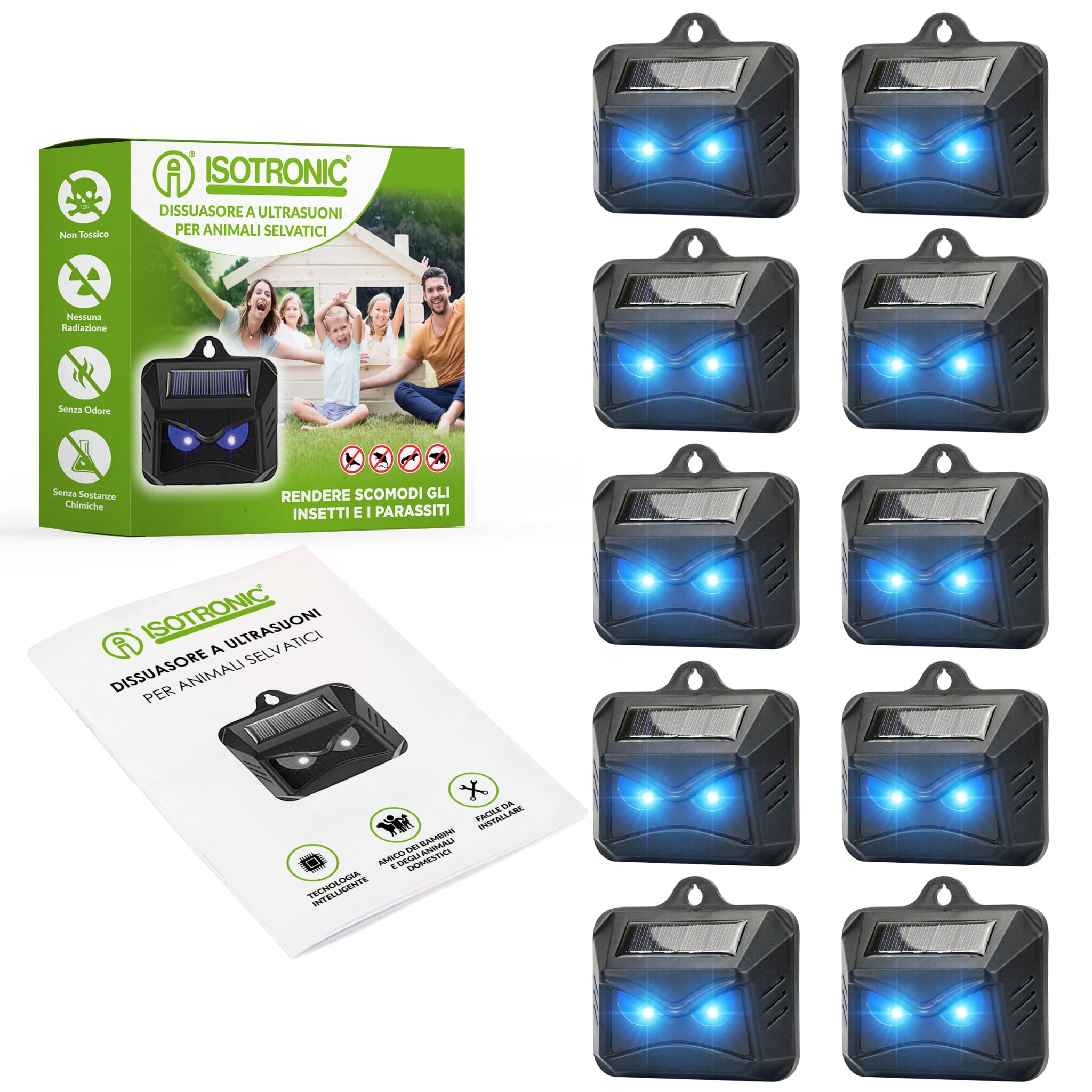 ISOTRONIC Repellente Solare Animali Selvatici LED Blu (10 Pezzi), Dissuasore per Procioni Cervi Volpi Cinghiali, Raggio d'azione 40m², Deterrente Efficace Esterno e Giardino Senza Veleni