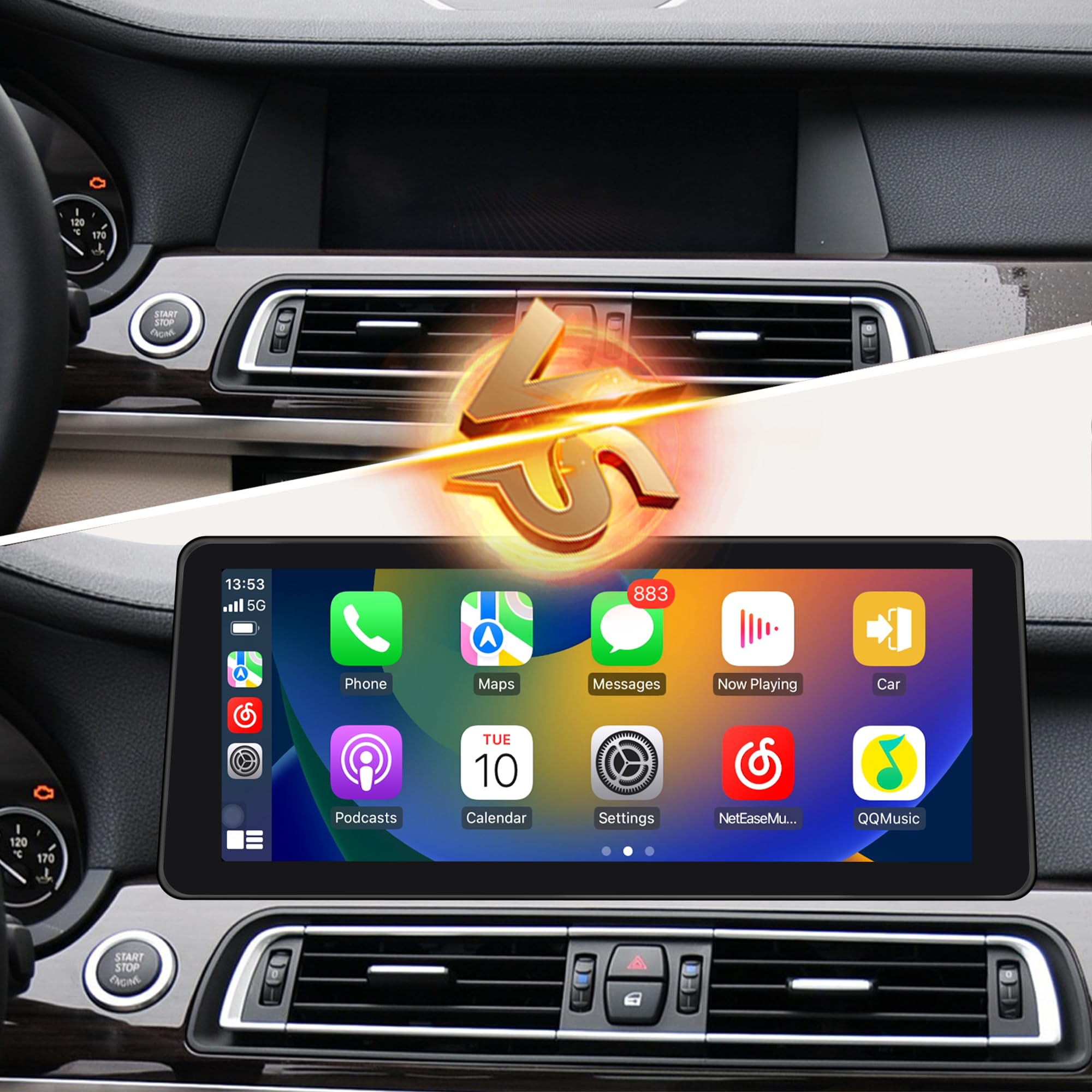 Aktualizacja ekranu Android 30.3 cm do BMW serii 7 F01 F02 F03 CIC, CarPlay, Android Auto, lustrzane odbicie ekranu, podzielony ekran, Wi-Fi, muzyka, nawigacja, kamery samochodowe, Netflix Spotify