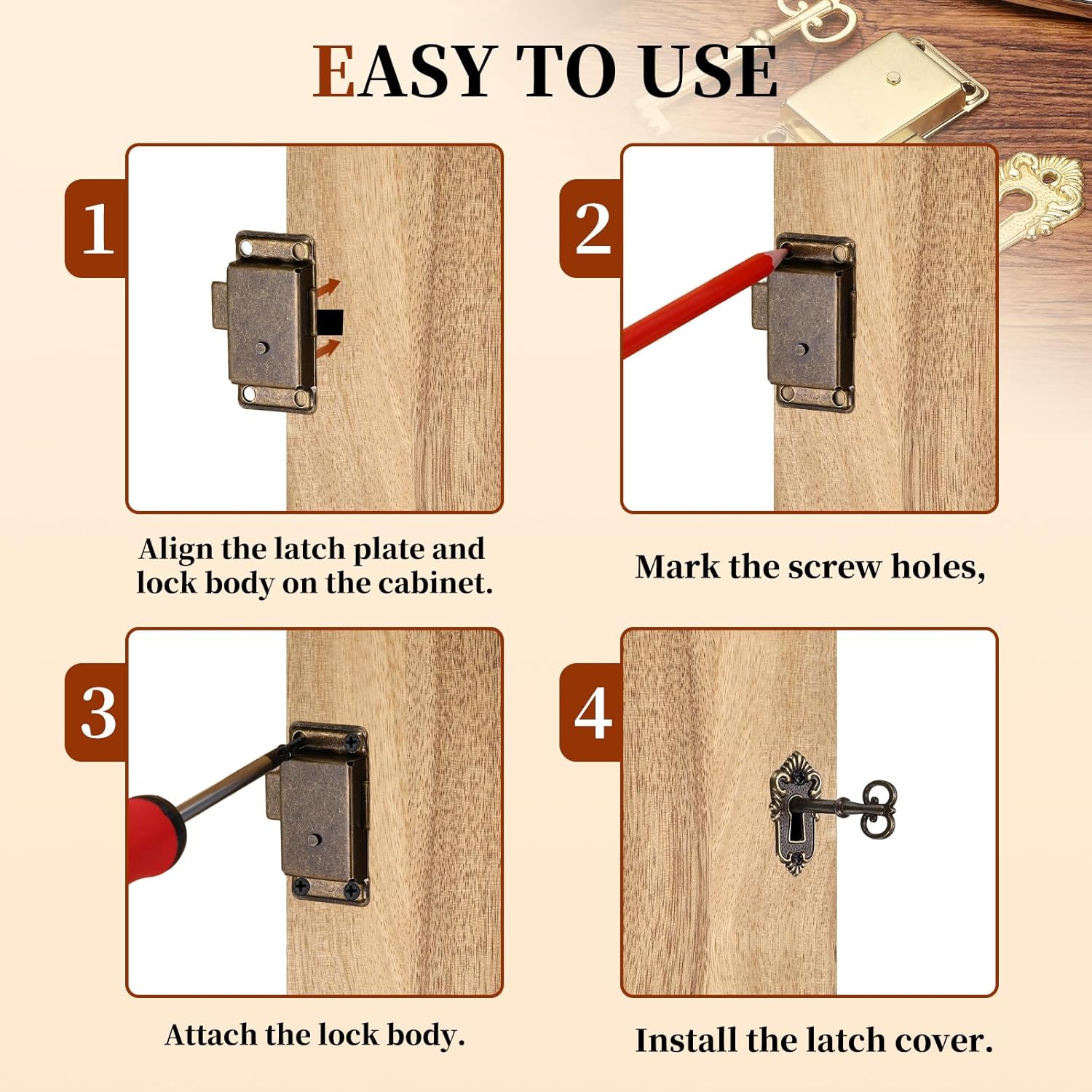 PATIKIL Vintage Cabinet Lock (Brown, 2 Set) Vintage Furniture Decorative Lock Replacement Cabinet Cupboard Latch with Key and Screws, Suit for- Furniture/Drawers/Chest