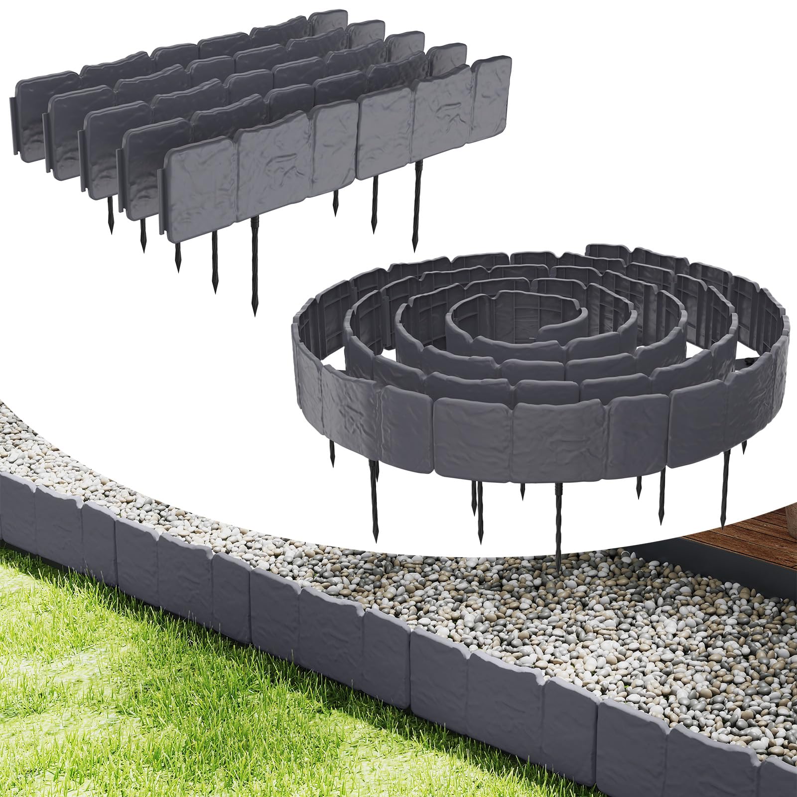 YUENFONG 5 m de borde de césped de plástico con aspecto de piedra, borde cortacésped con 20 estacas de suelo, valla de jardín, valla de jardín, 20 unidades, antracita