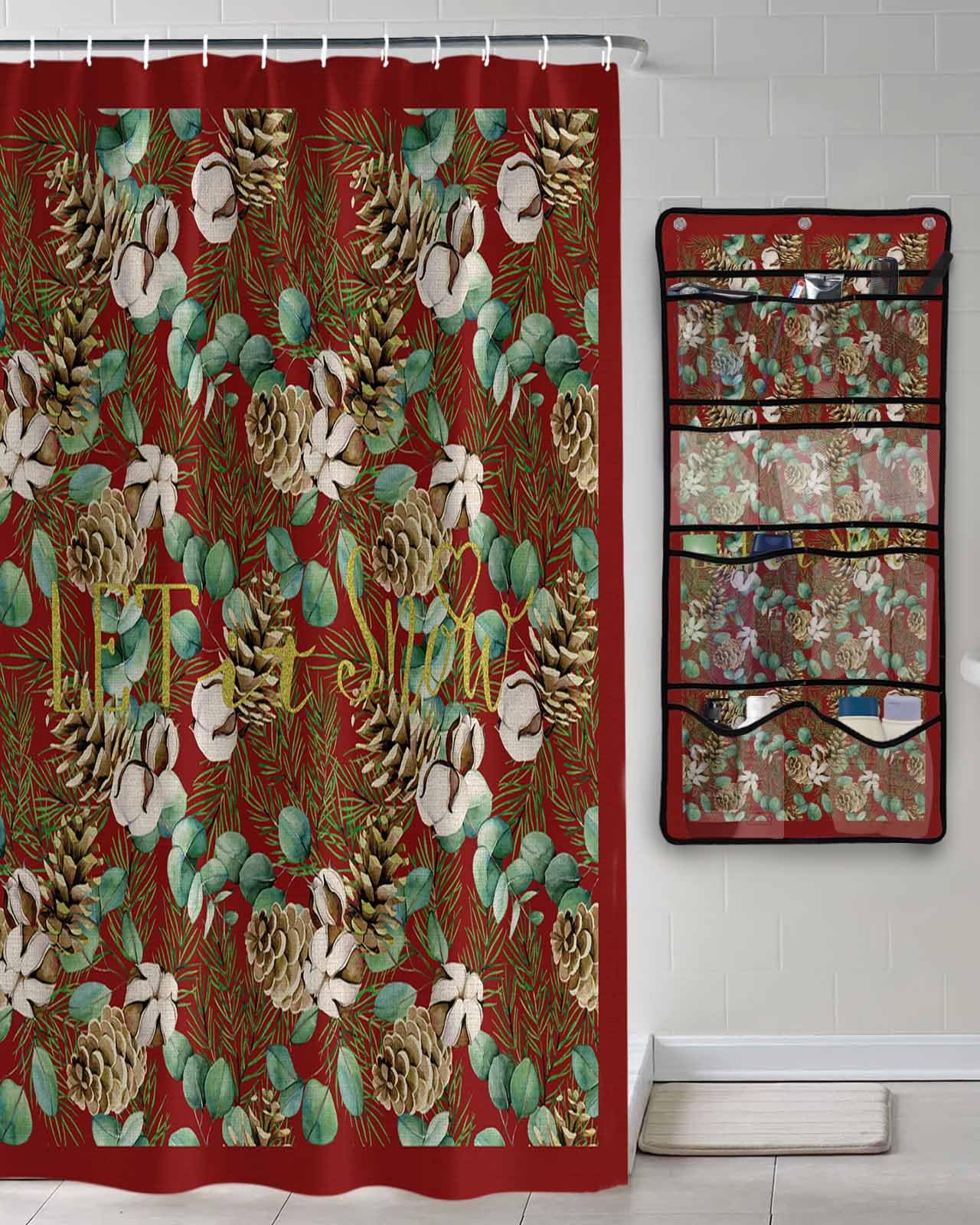 Decorative Shower Curtain Sets Christmas Pine Cones Polyester Fabric Waterproof Bath Shower Curtains Winter Eucalyptus Leaves Red Mesh