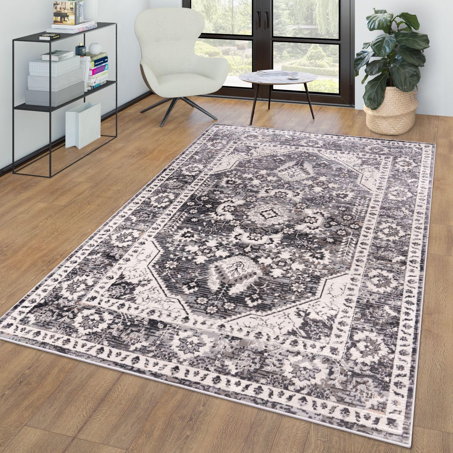 TT Home Wohnzimmer Teppich Kurzflor Marokkanisches Design Umrandung Mandala Used Look, Farbe:Grau Beige, Größe:60x100 cm