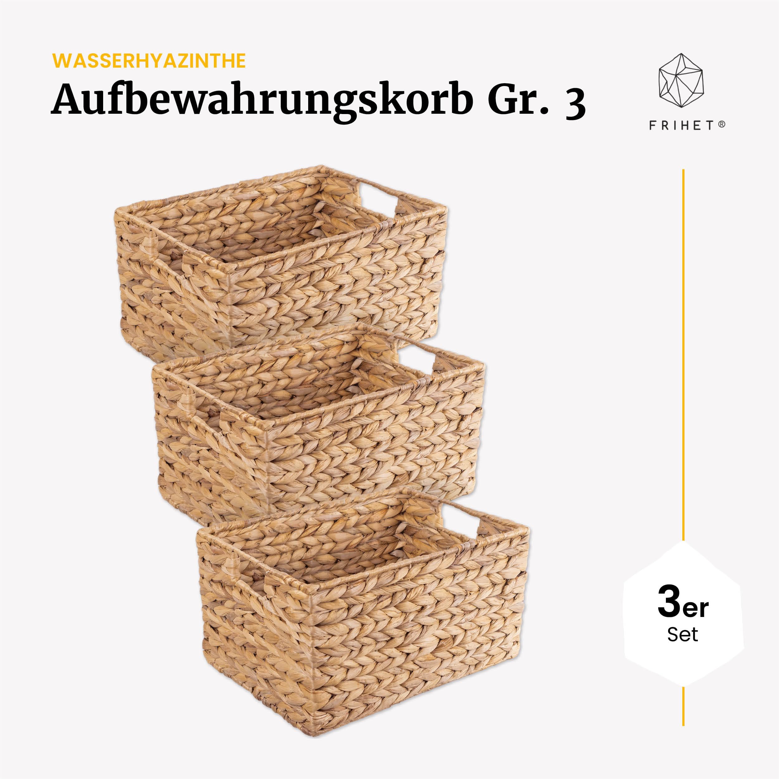 FRIHET Aufbewahrungskorb geflochten aus Wasserhyazinthe rechteckig | Aufbewahrungsbox mit Griffen | Wäschekorb klein, Kleiderschrank Organizer uvm. | versch. Größen (3er Set, Gr. 3)