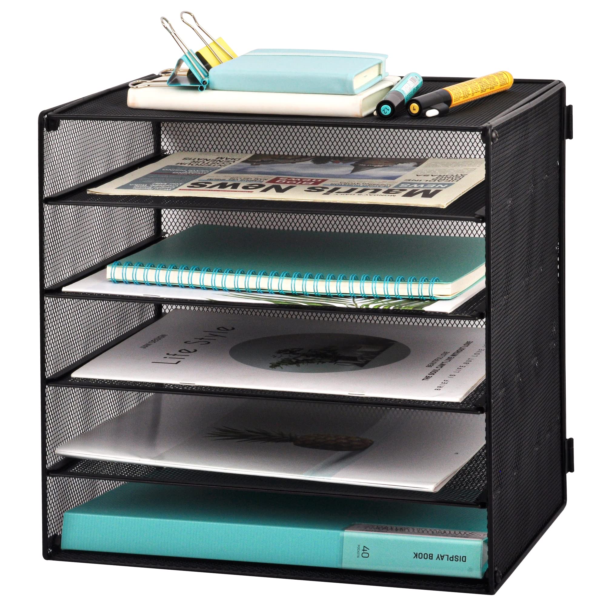EASEPRES 6 Slot Wire Desk File Organizer Tray, Mesh Filling Paper Letter Tray Metal Desktop Paper Sorter Literature Organizer Rack for Home Office School, Black image 1
