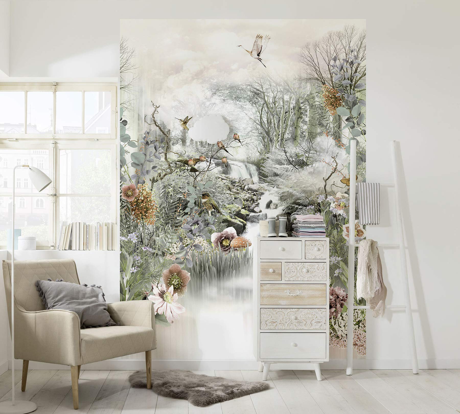 Komar Fototapeta FABLE | 184 x 254 cm - tapeta, dekoracja ścienna, Japonia, ogród, kwiaty, ptak, las, rzeka, sztuka, sypialnia, salon | 4-203