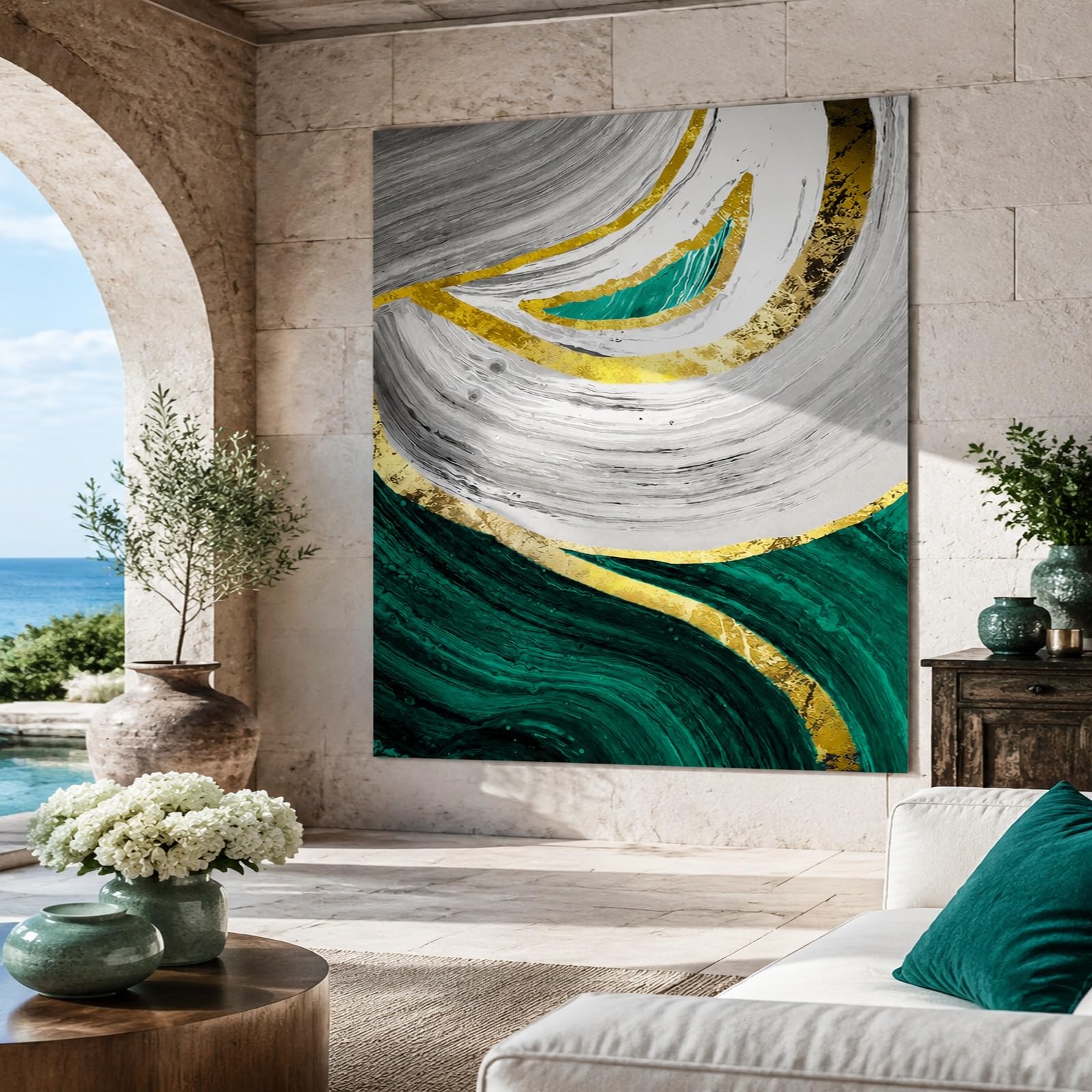 Gobeliny bardzo duże 180 x 230 cm, niestandardowy obraz logo tekst spersonalizowany gobelin wiszący na ścianie, abstrakcyjny, nowoczesny, zielony, żółty, szary, biały,