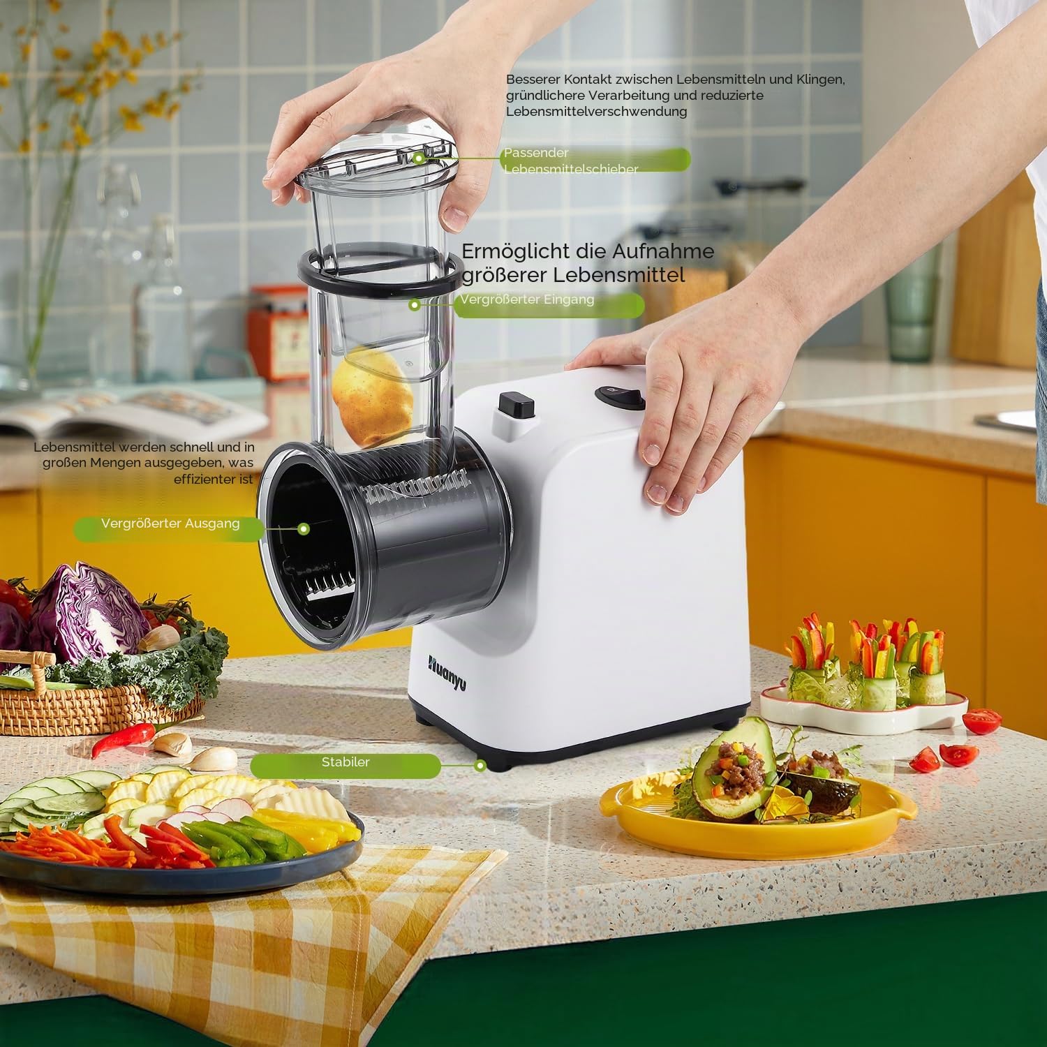 Huanyu Elektrische Käsereibe Multifunktionaler elektrischer Gemüseschneider mit 5 Klingen 250W Elektrischer Salatmacher und Fleischwolf Elektrische Reibe für Obst, Gemüse und Käse (Weiß)