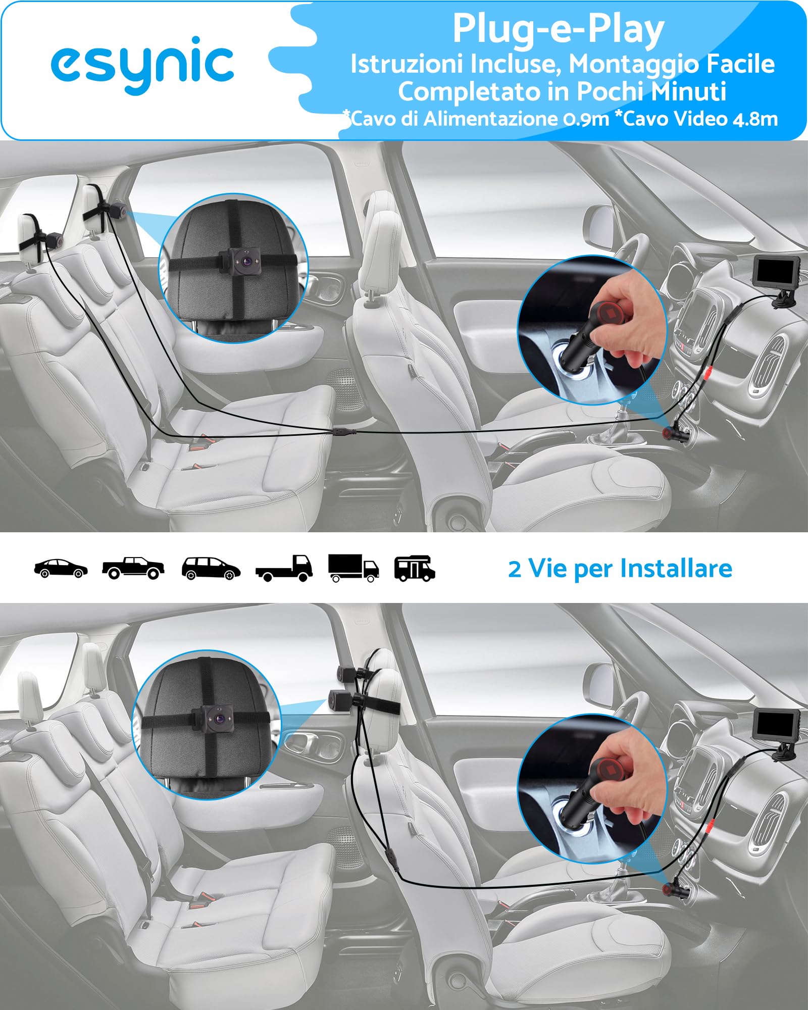 eSynic Baby Car Monitor con Doppia Telecamera 1080P Grandangolare 150°, 7'' Schermo IPS, Visione Notturna IR, Specchietto Retrovisore a Ventosa Controllo Bimbi, Alimentato da Accendisigari