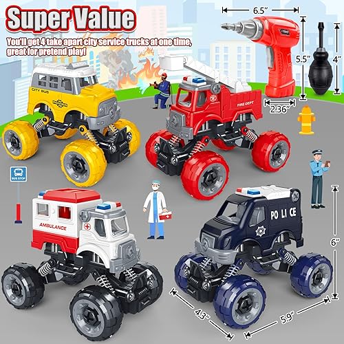 Miniatura 7 de LUDILO - Juguetes para niños de edades de 4 a 6, 5 a 7, 6 a 8 Juego de 4 vehículos urbanos para armar tu mismo bus, ambulancia, patrullero y camión