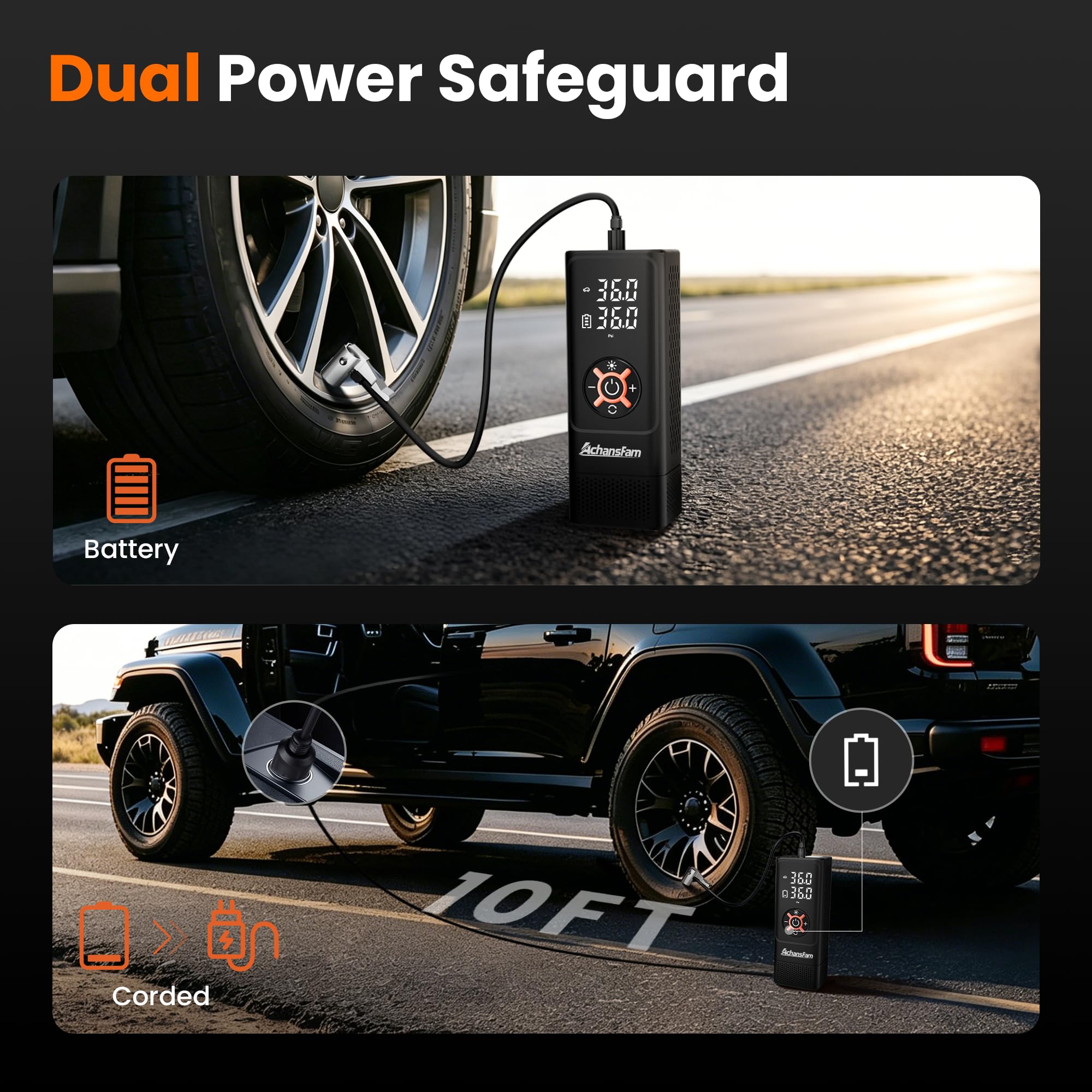 Compresor de aire portátil para neumáticos de coche, bomba de inflado de neumáticos inalámbrica 3 veces más rápida de 150 PSI, adaptador de larga duración y 12 V CC, con medidor digital, para
