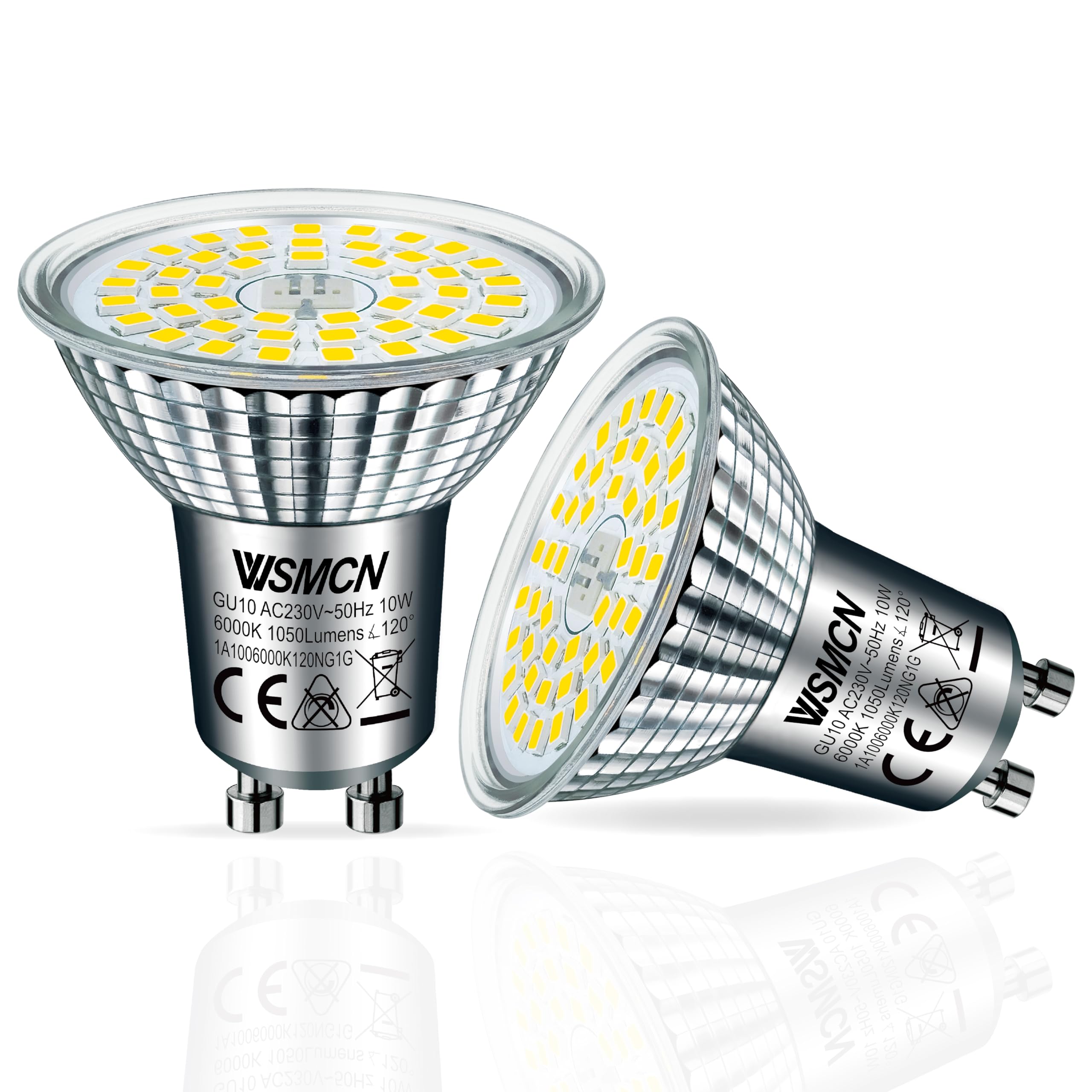 WSMCN GU10 LED Bulbs Cool White, 10W 1050lm 6000K Spotlight Light Bulb, 140W Halogen Bulb Equivalent, AC 230V 120°Beam Angle Energy Saving LED Bulbs, Non Dimmable, Pack of 2