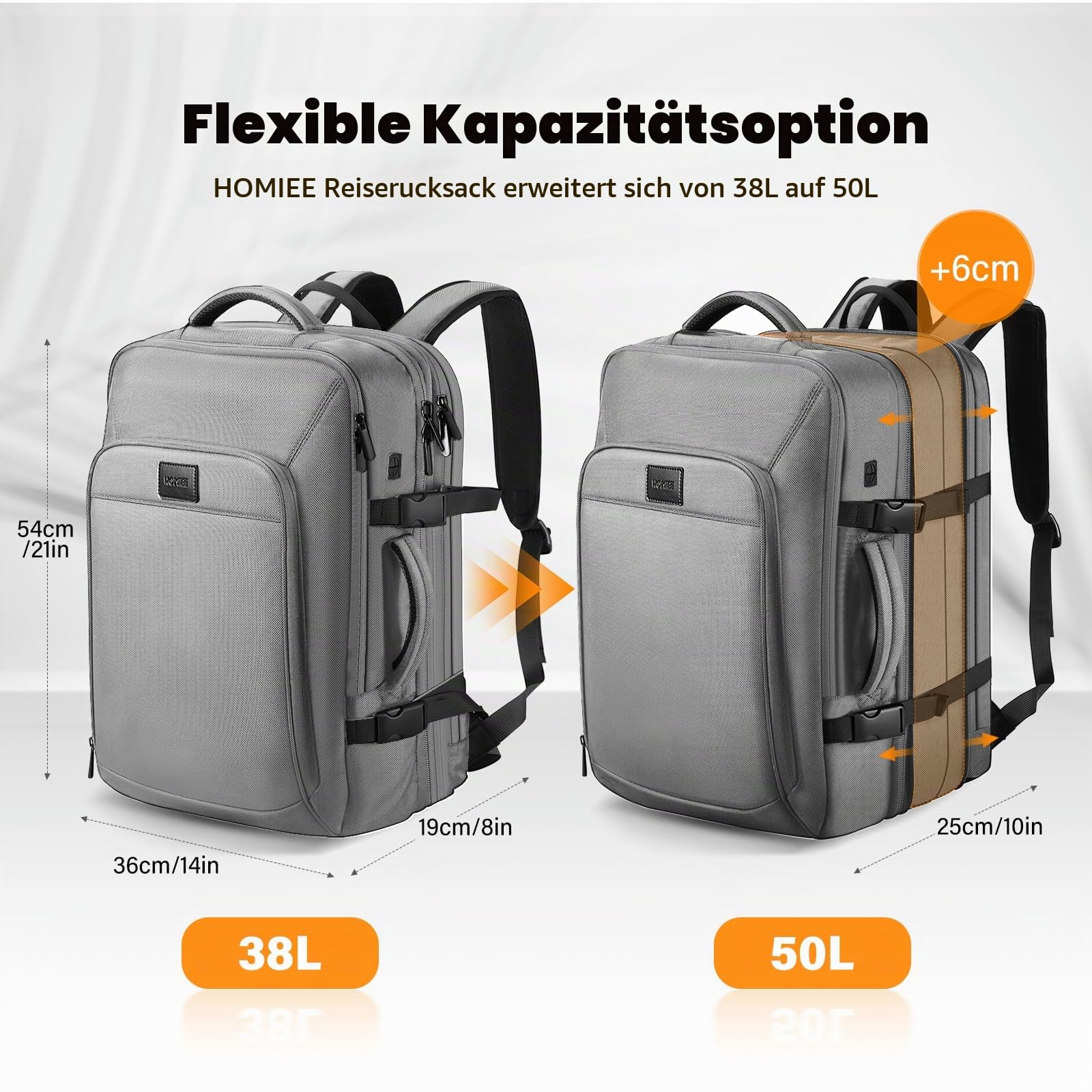 HOMIEE Handgepäck Rucksack 55x40x20 50L Großer Erweiterbarer Reiserucksack Flugzeug 18 Zoll Laptoprucksack mit USB Ladeanschluss Herren Damen Carry on Kabinenrucksack für Reisen Business Weekender