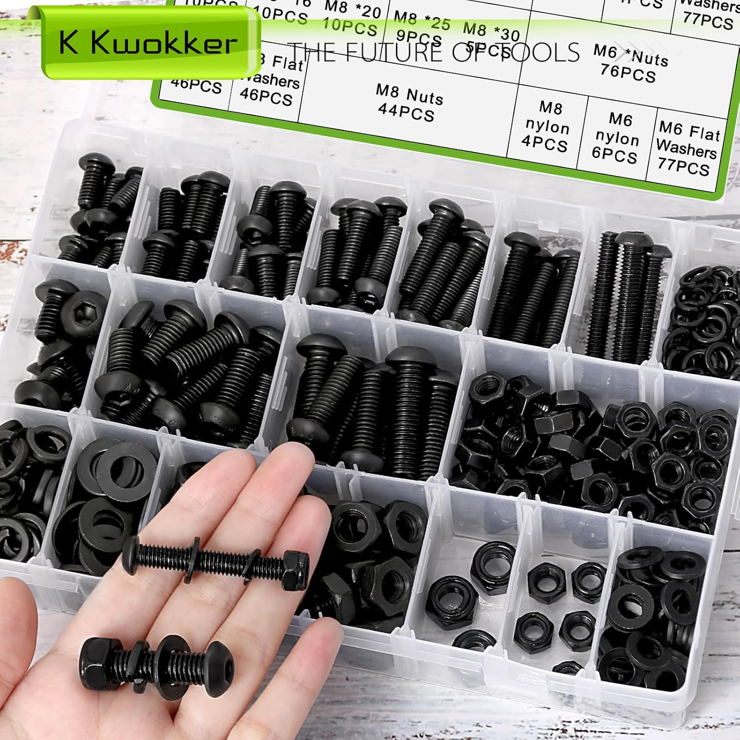 500Pcs M6 M8 Metric Screws Assortment Kit 12MM-40MM with Lock Nut, Button Head Hex Socket Nuts and Bolts Assortment Kit, 10.9 Alloy Steel Machine Screws w/Washers, M6x1.0 Bolt, M8x1.25 Bolt