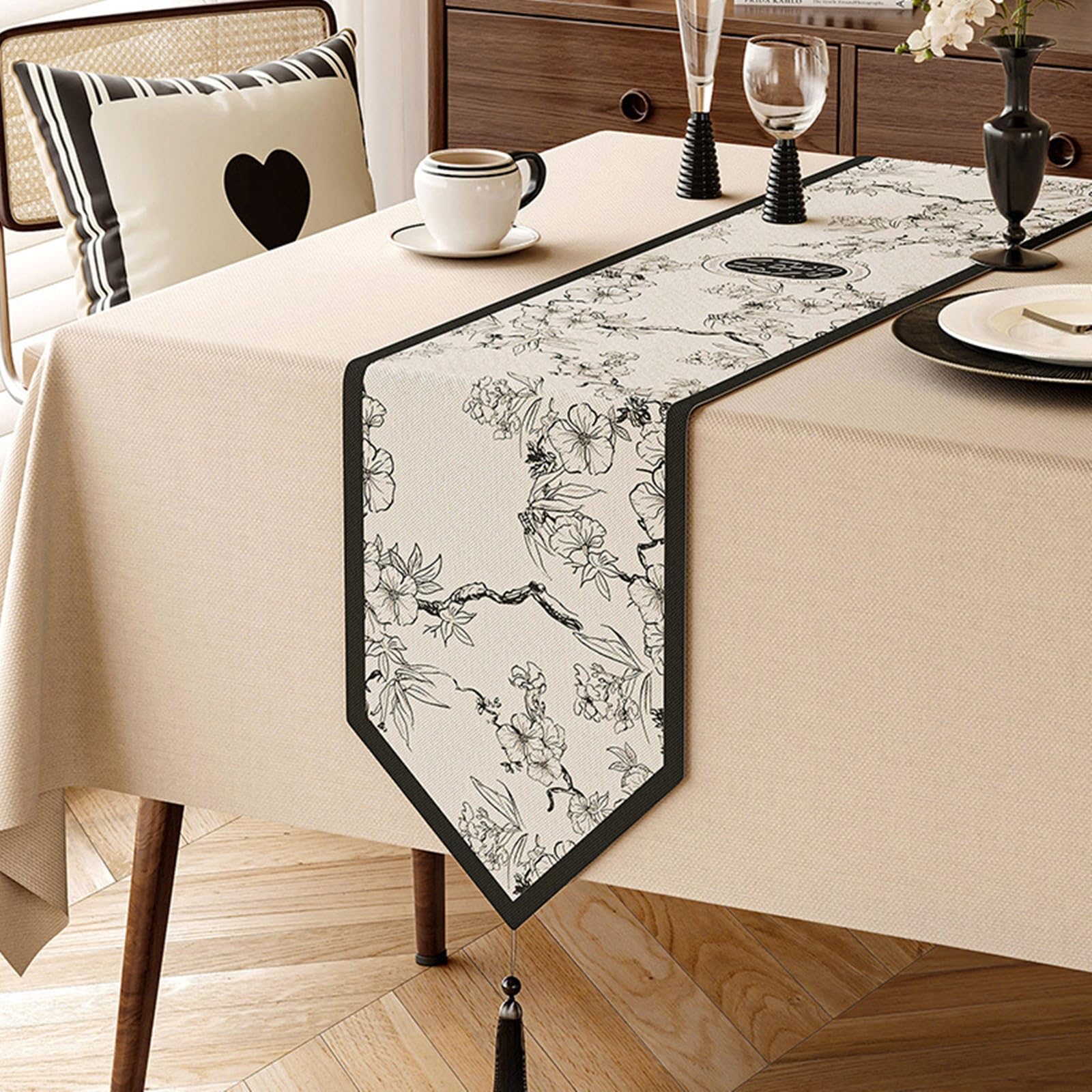 Beige Weiß Schwarz Tischläufer Baumwolle Leinen, Esstisch Tischläufer Abwaschbar Einfache Blumen Blätter Muster mit Quasten Tischdecke für Küche Dekor, 30x260 cm, Beige Weiß Schwarz