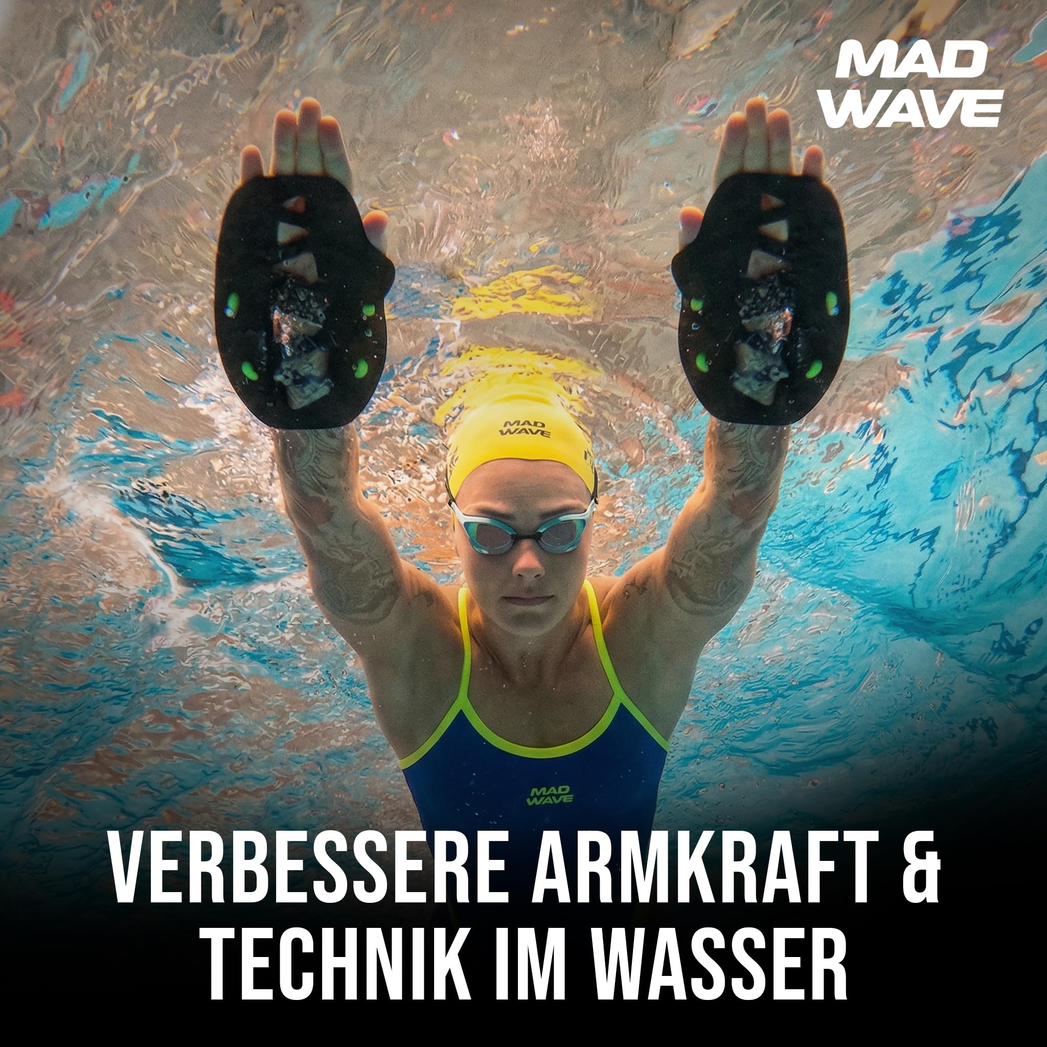 Mad Wave Grabber Forearm Paddles Schwarz – Unterarm Schwimmpaddls für Schwimmtechniktraining – Verbessert Armzug, High-Elbow & Wassergefühl – Schwimm-Paddles mit Silikon-Straps – 26.5 x 13.8 cm