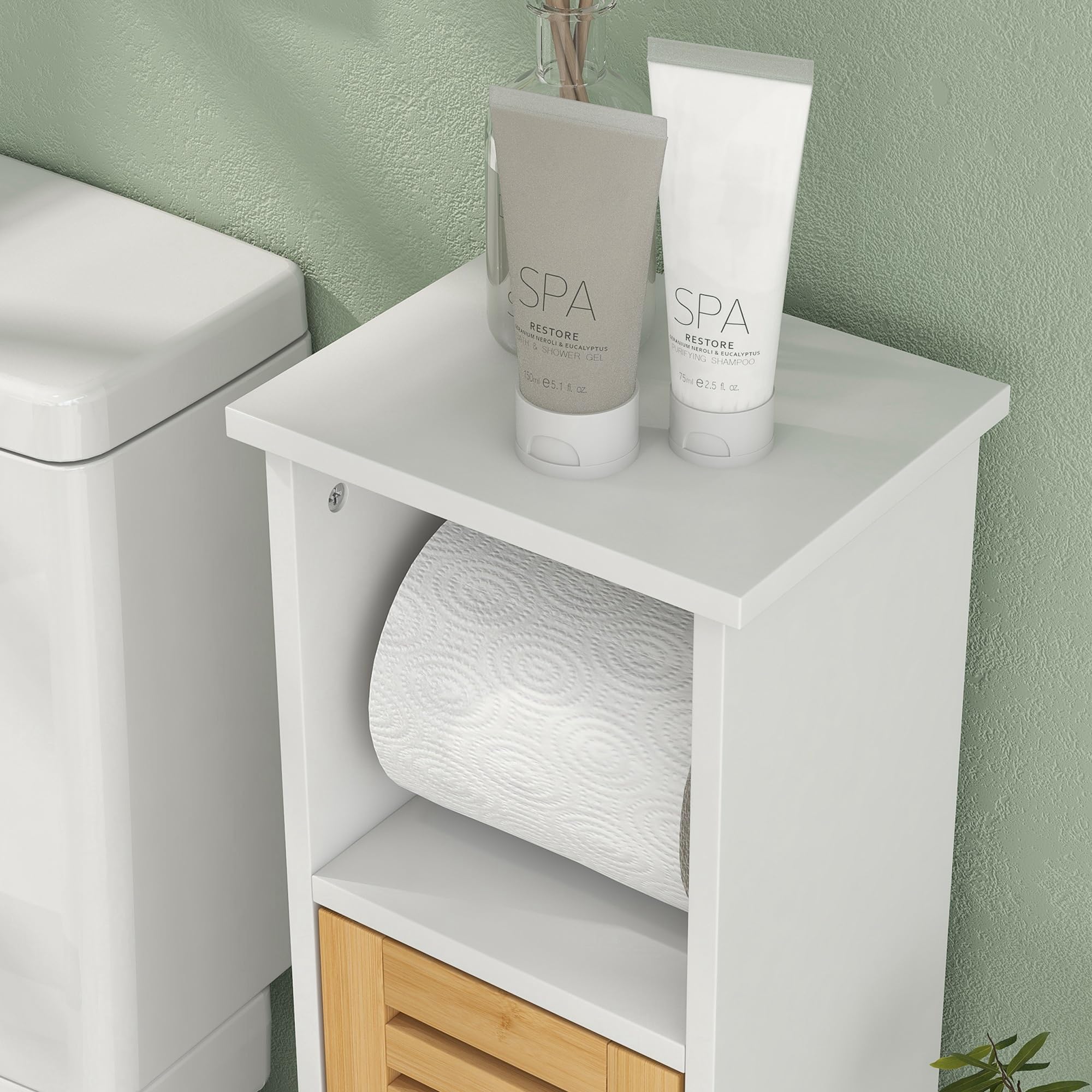 HOMCOM Mobile Bagno Slim con Ante in Bambù Salvaspazio 21x17x78 cm Bianco | Mobiletto Bagno Salvaspazio, Ripiani Regolabili, Porta Rotolo di Carta Igienica