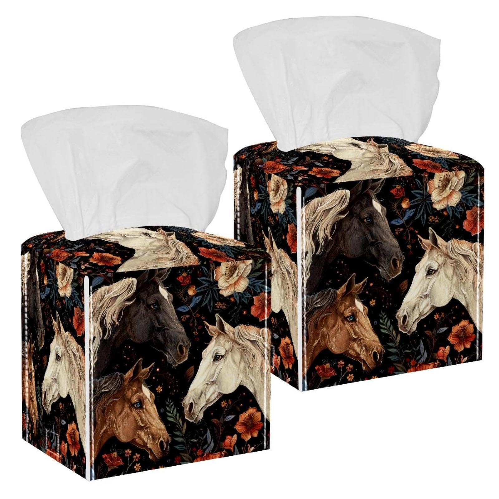 Horse Flowers Tissue Box Cover, 2 Pack PU Leather Square Facial Tissue Dispenser Box holder for Home Office Car